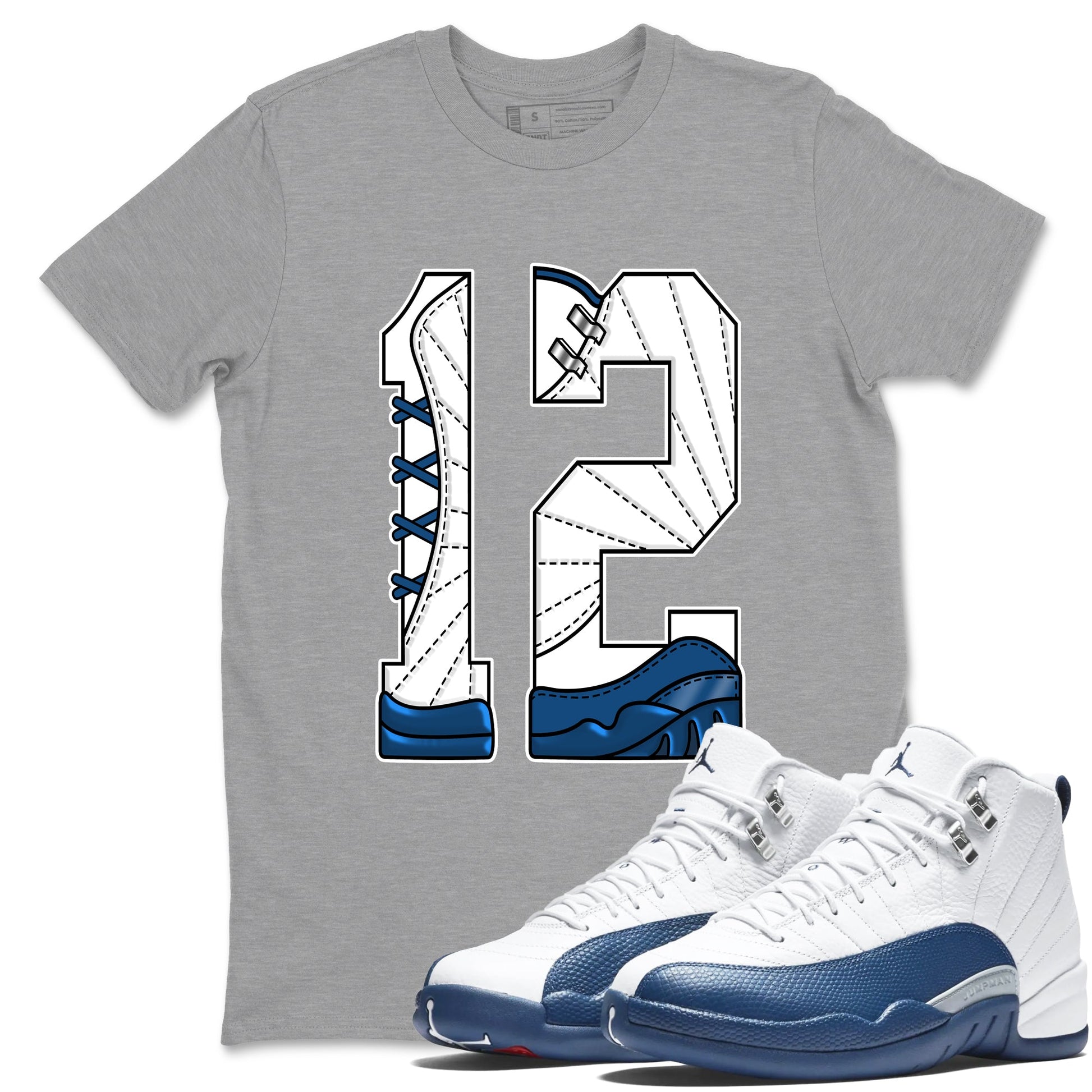 Number 12 sneaker match t-shirt styled to complete your fit with the Air Jordan 12 French Blue sneakers, graphic shirts in Heather Grey 1.