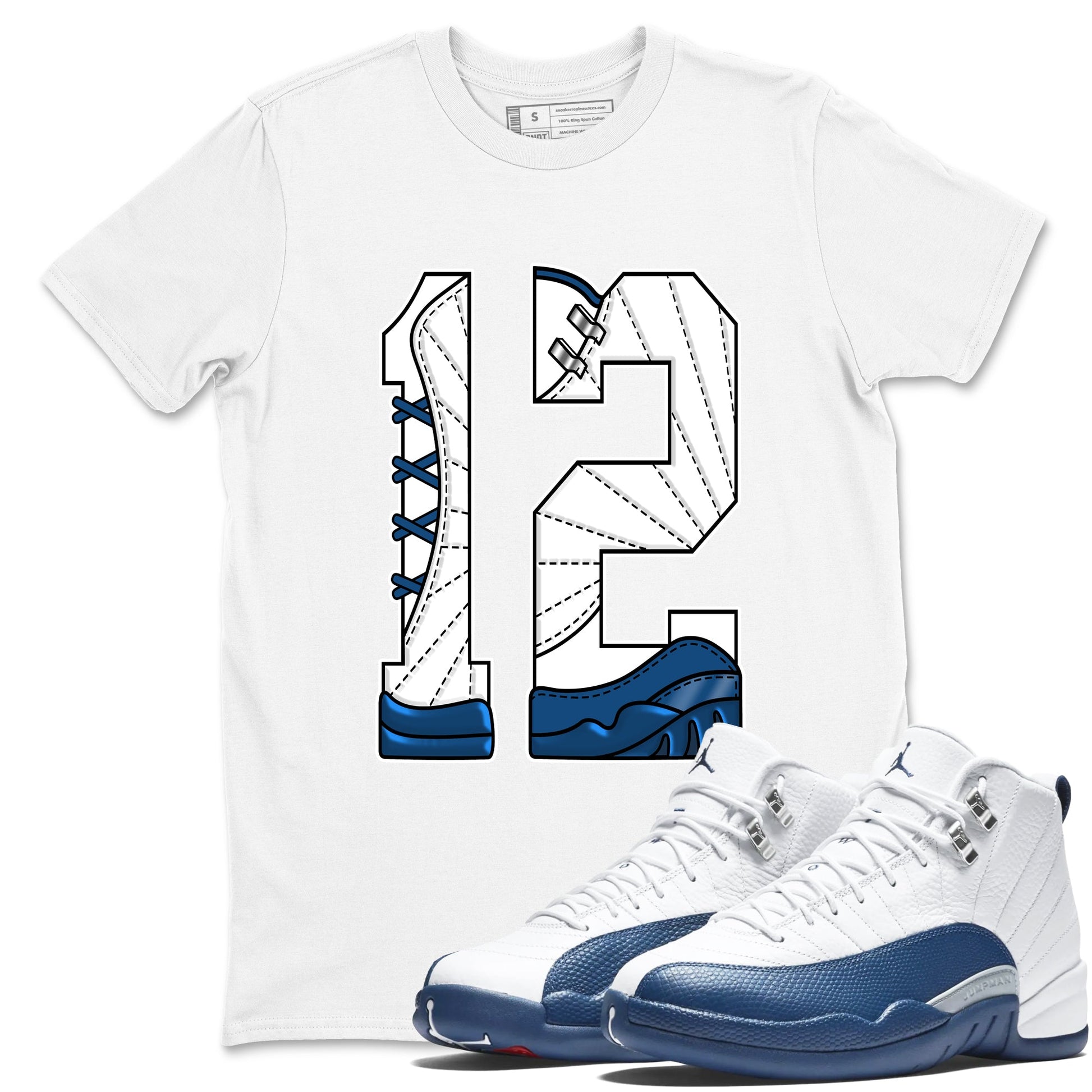 Number 12 sneaker match t-shirt styled to complete your fit with the Air Jordan 12 French Blue sneakers, graphic shirts in White 1.