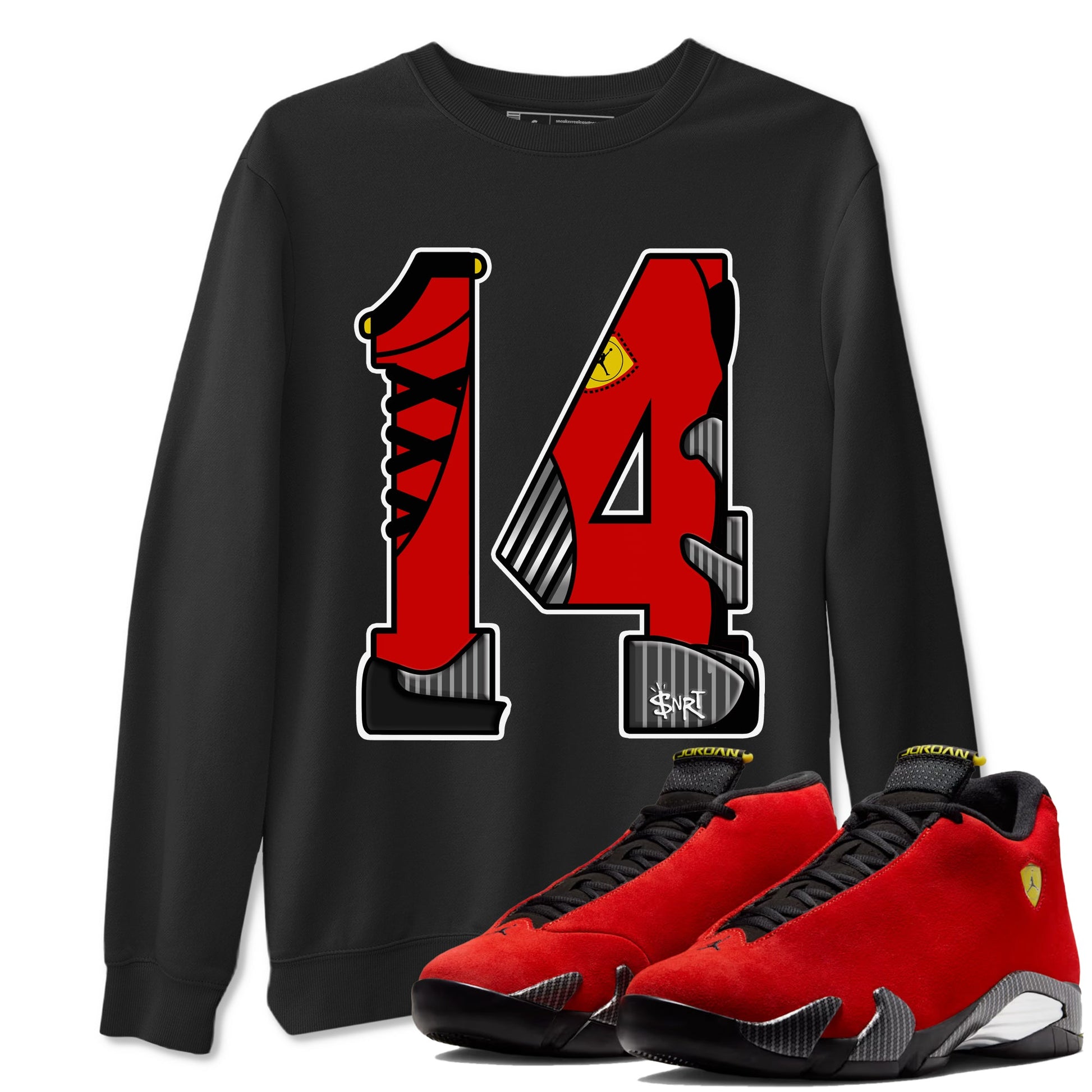 Number 14 sneaker match t-shirt styled to complete your fit with the Air Jordan 14 Challenge Red sneakers, AJ14 Ferrari, shown in Black 1.