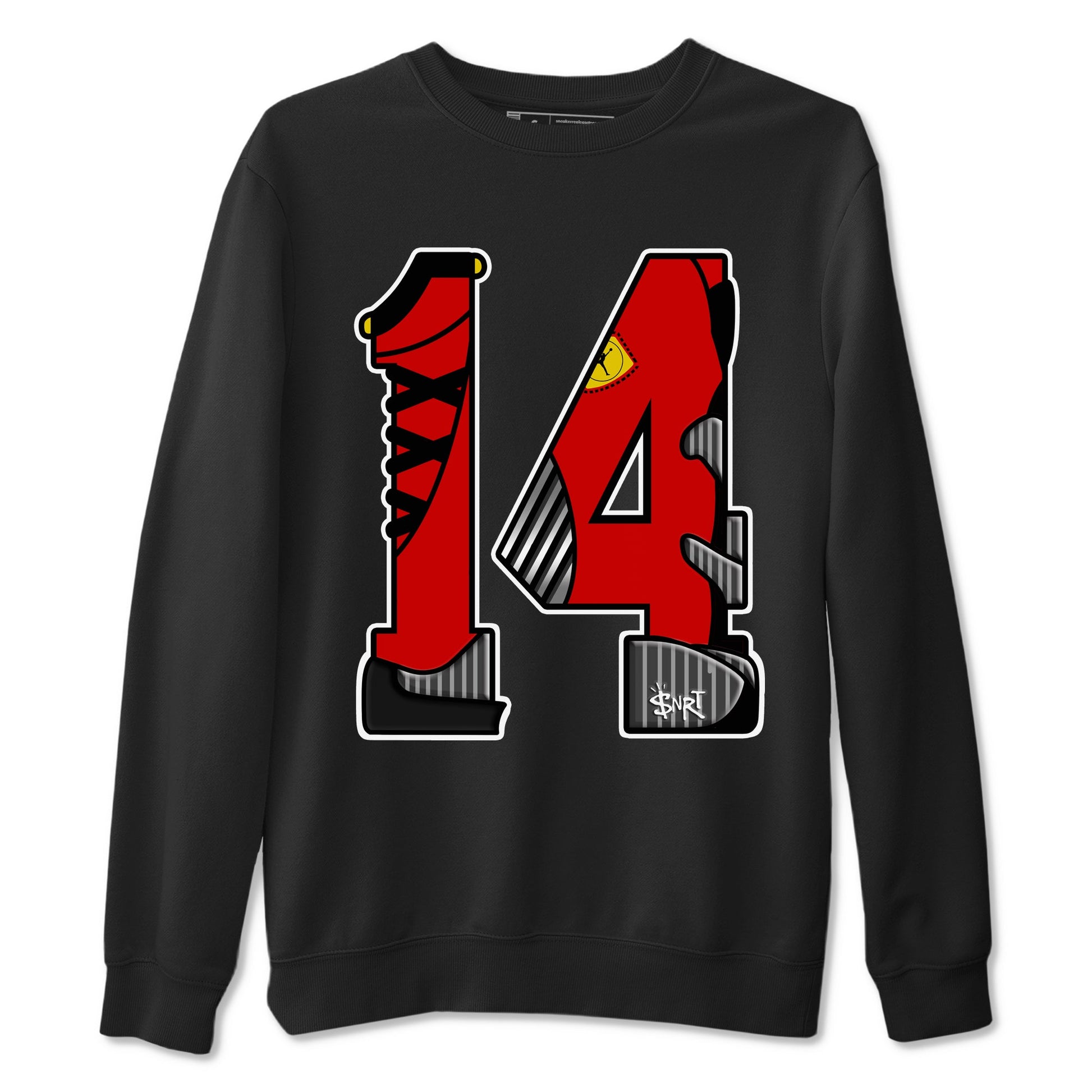 Number 14 sneaker match t-shirt styled to complete your fit with the Air Jordan 14 Challenge Red sneakers, AJ14 Ferrari, shown in Black 2.