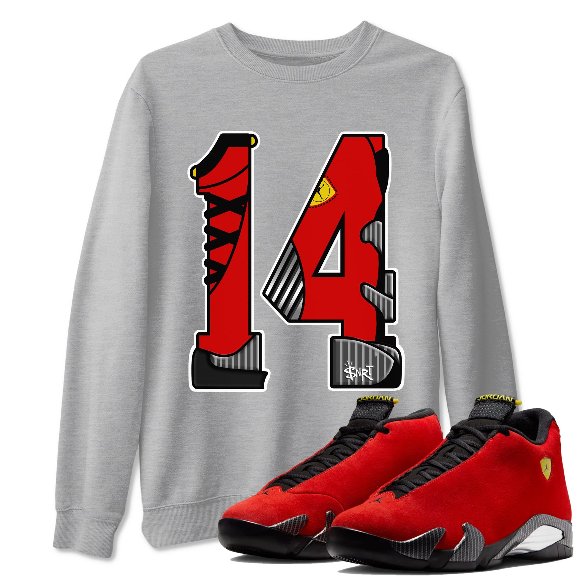 Number 14 sneaker match t-shirt styled to complete your fit with the Air Jordan 14 Challenge Red sneakers, AJ14 Ferrari, shown in Heather Grey 1.