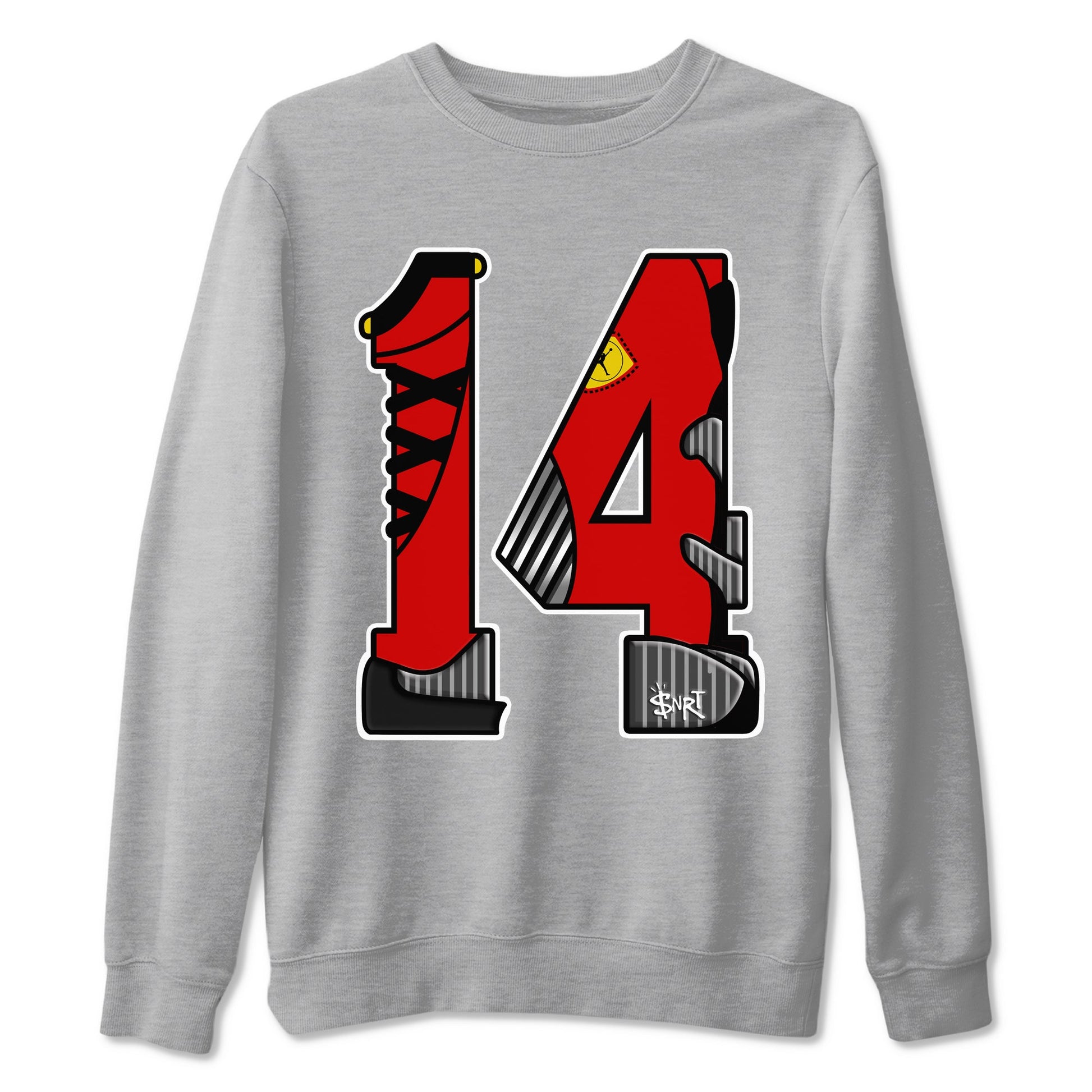 Number 14 sneaker match t-shirt styled to complete your fit with the Air Jordan 14 Challenge Red sneakers, AJ14 Ferrari, shown in Heather Grey 2.