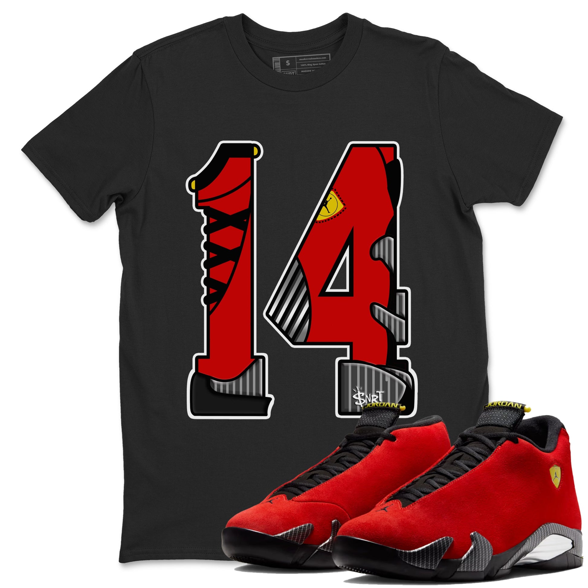 Number 14 sneaker match t-shirt styled to complete your fit with the Air Jordan 14 Challenge Red sneakers, AJ14 Ferrari, shown in Black 1.