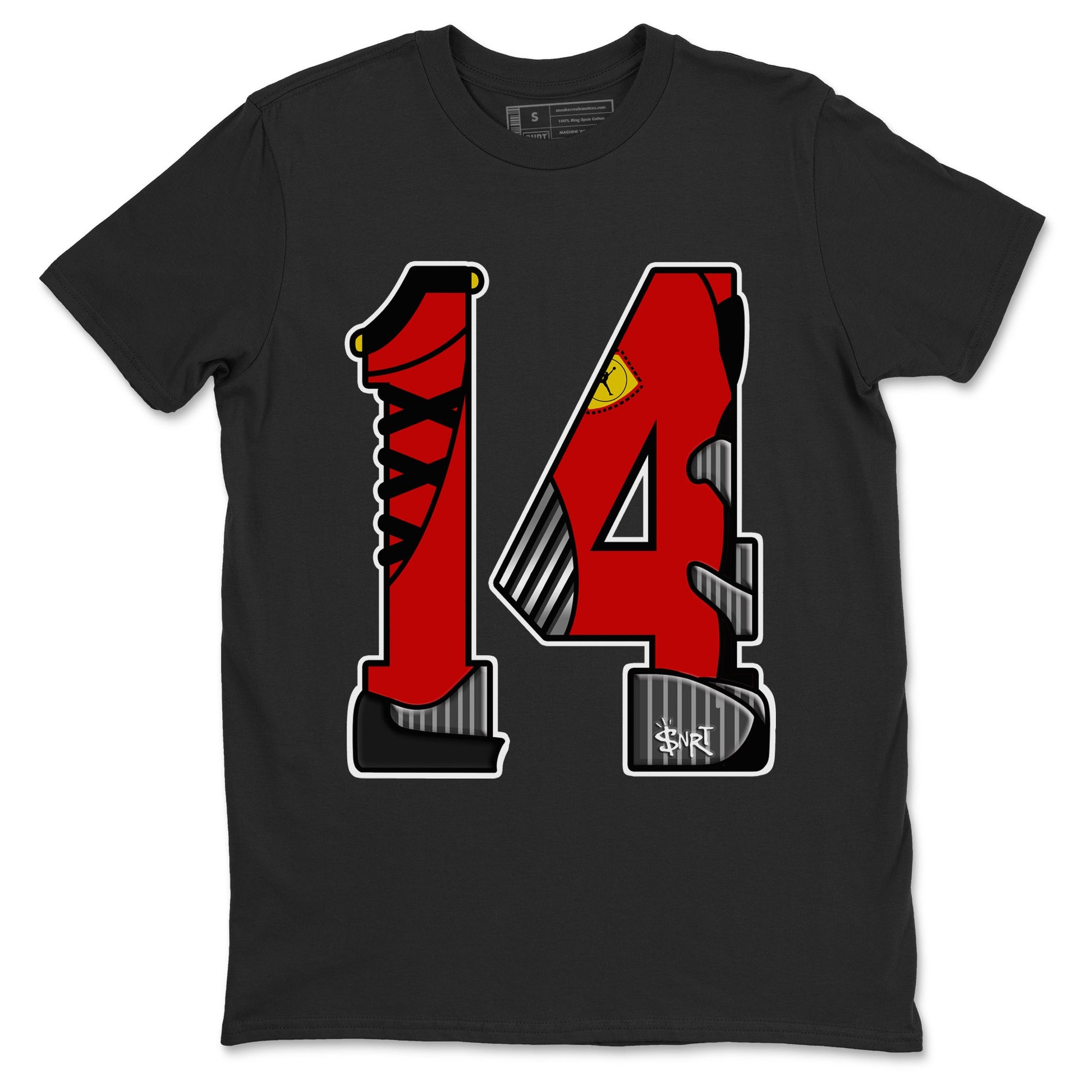 Number 14 sneaker match t-shirt styled to complete your fit with the Air Jordan 14 Challenge Red sneakers, AJ14 Ferrari, shown in Black 2.