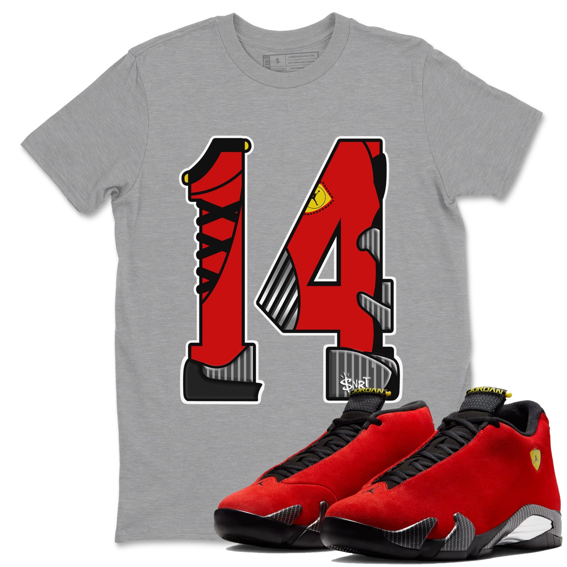 Number 14 sneaker match t-shirt styled to complete your fit with the Air Jordan 14 Challenge Red sneakers, AJ14 Ferrari, shown in Heather Grey 1.