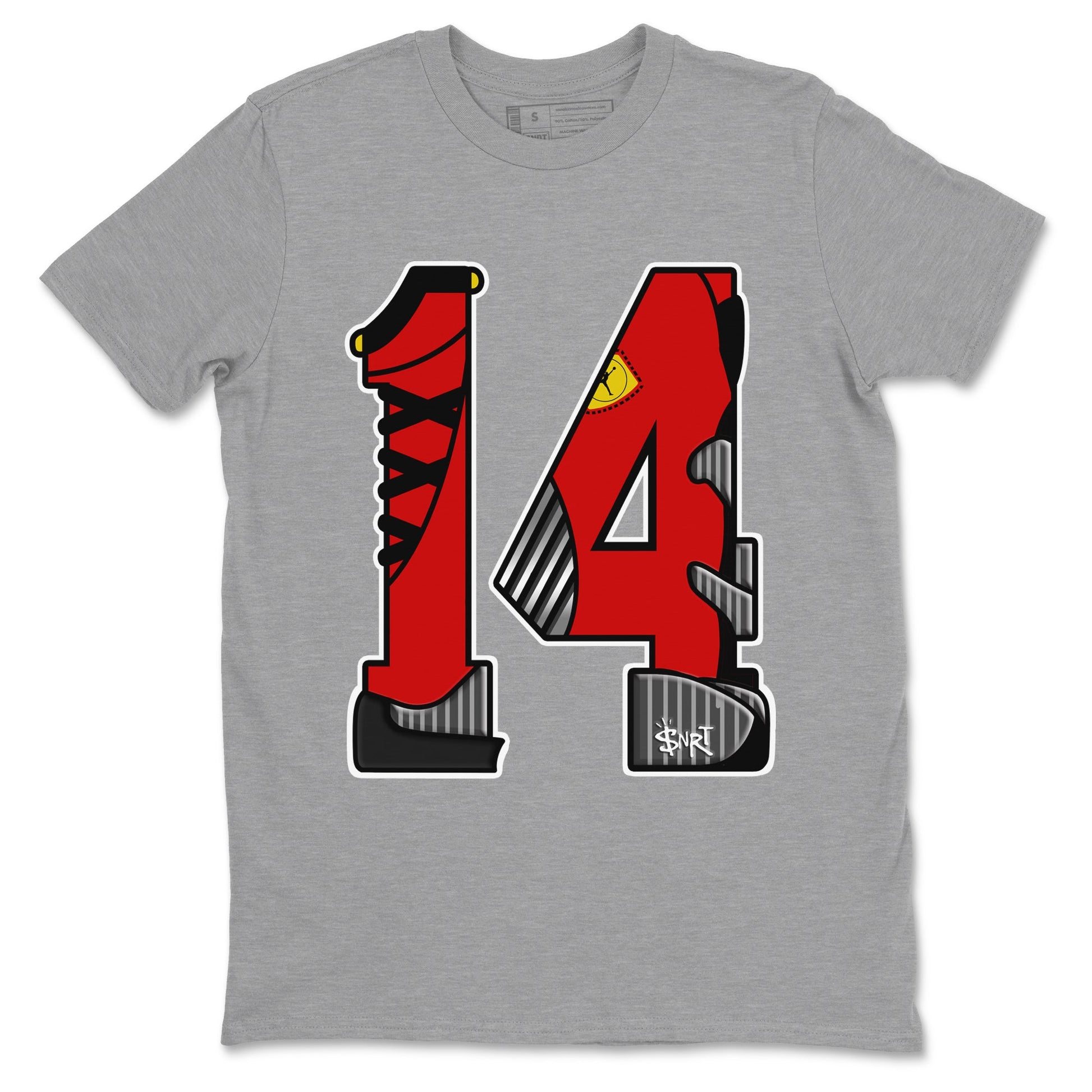Number 14 sneaker match t-shirt styled to complete your fit with the Air Jordan 14 Challenge Red sneakers, AJ14 Ferrari, shown in Heather Grey 2.