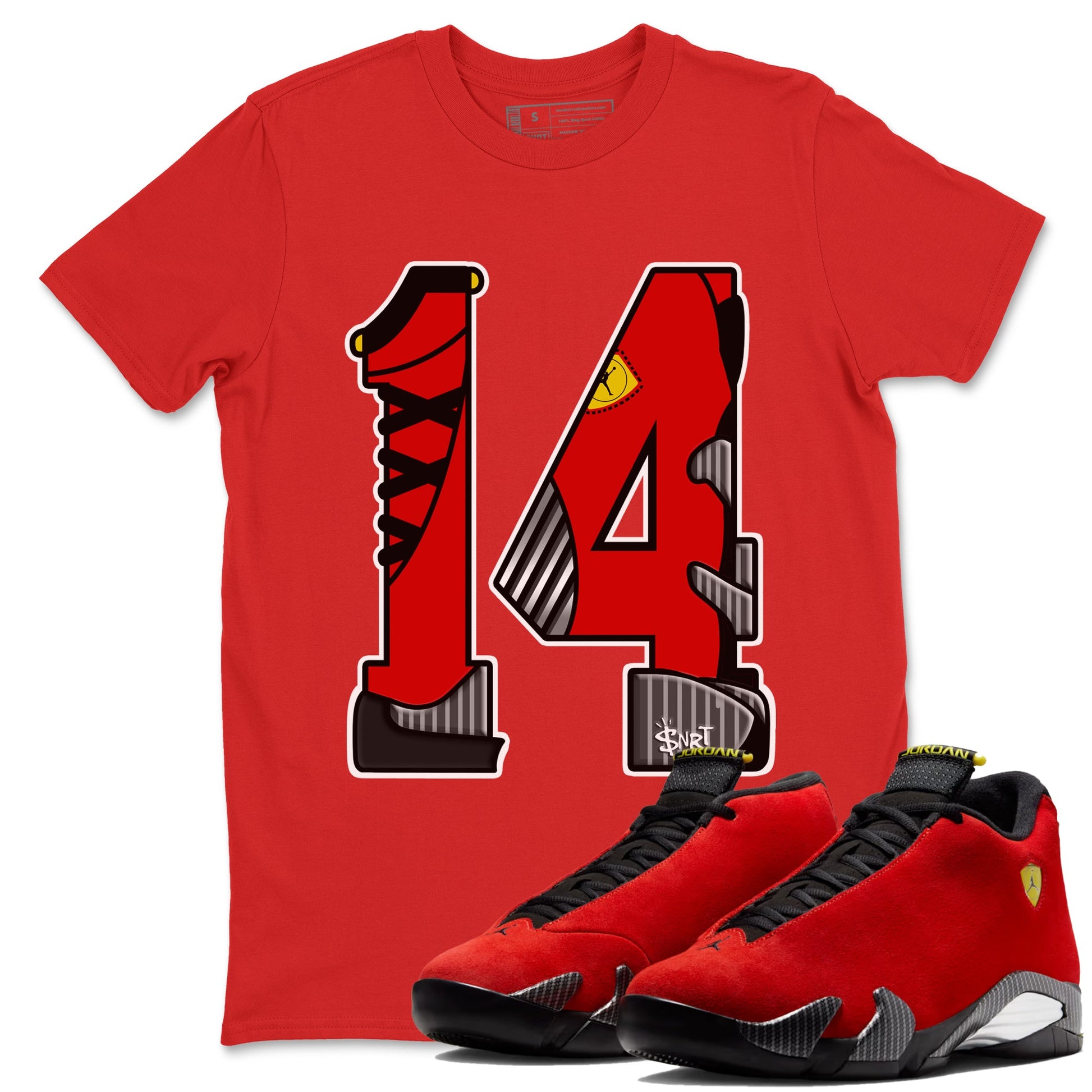 Number 14 sneaker match t-shirt styled to complete your fit with the Air Jordan 14 Challenge Red sneakers, AJ14 Ferrari, shown in Red 1.