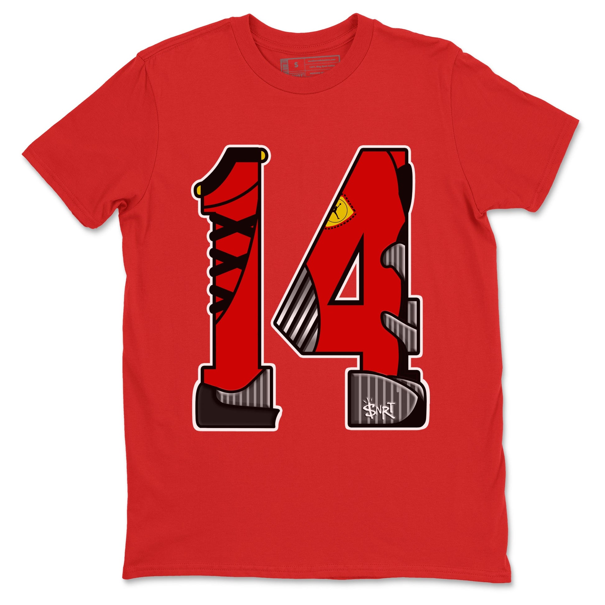 Number 14 sneaker match t-shirt styled to complete your fit with the Air Jordan 14 Challenge Red sneakers, AJ14 Ferrari, shown in Red 2.