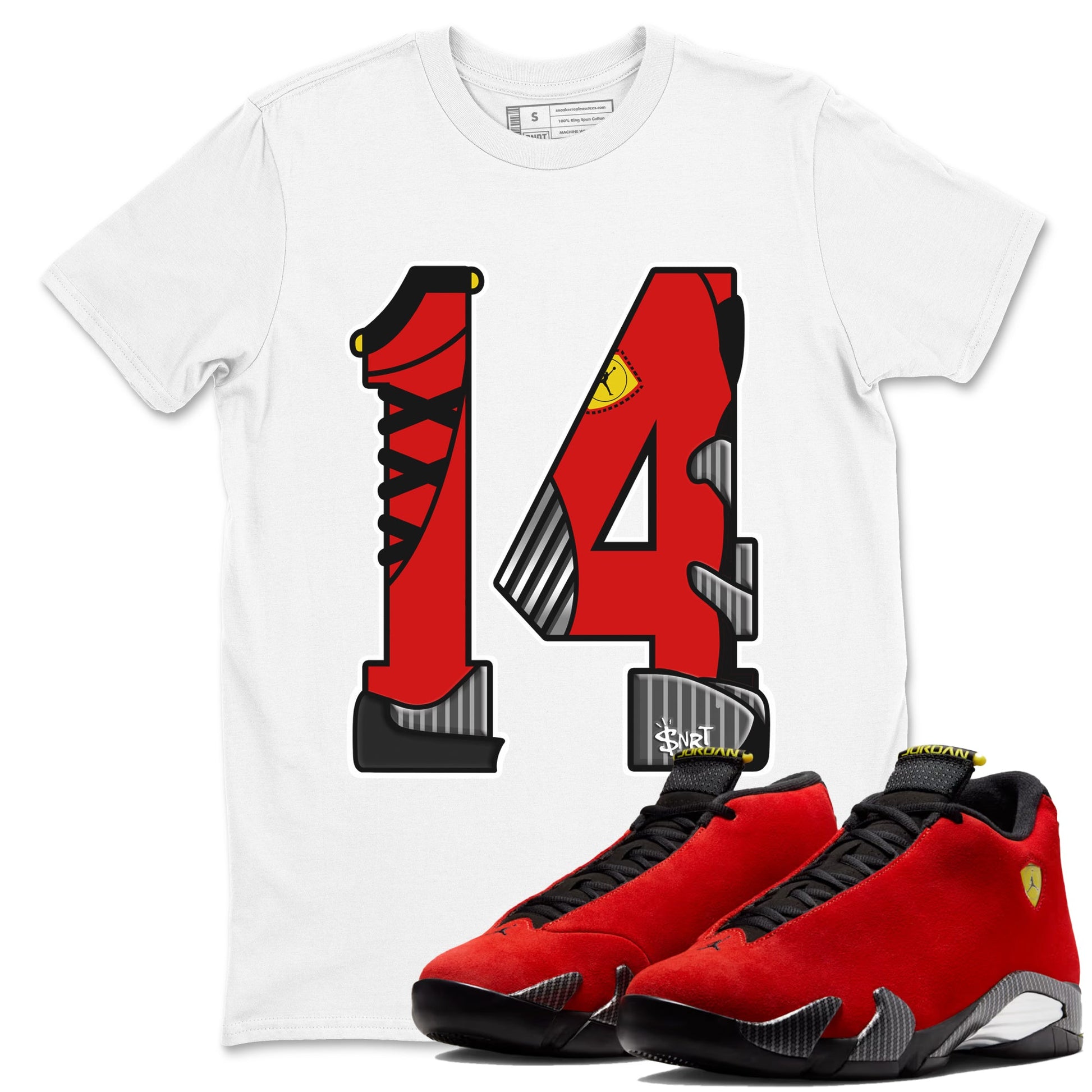 Number 14 sneaker match t-shirt styled to complete your fit with the Air Jordan 14 Challenge Red sneakers, AJ14 Ferrari, shown in White 1.