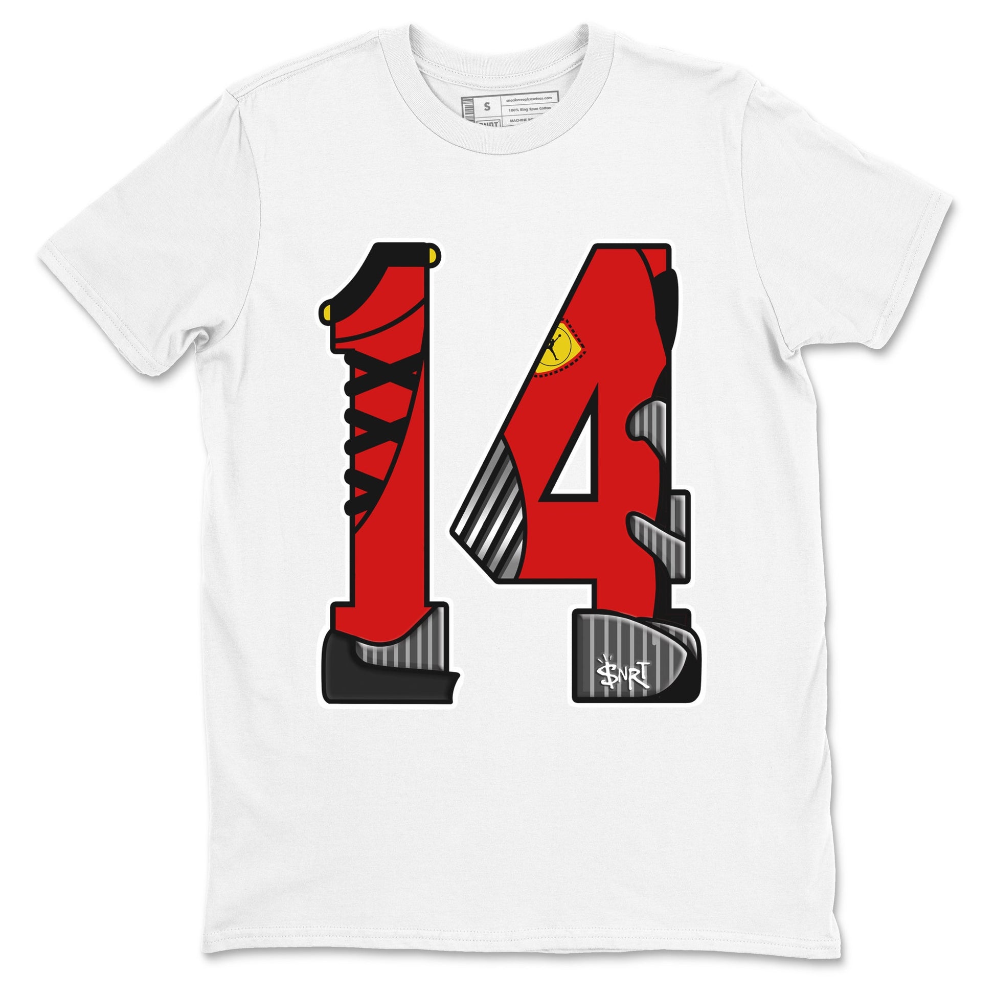 Number 14 sneaker match t-shirt styled to complete your fit with the Air Jordan 14 Challenge Red sneakers, AJ14 Ferrari, shown in White 2.