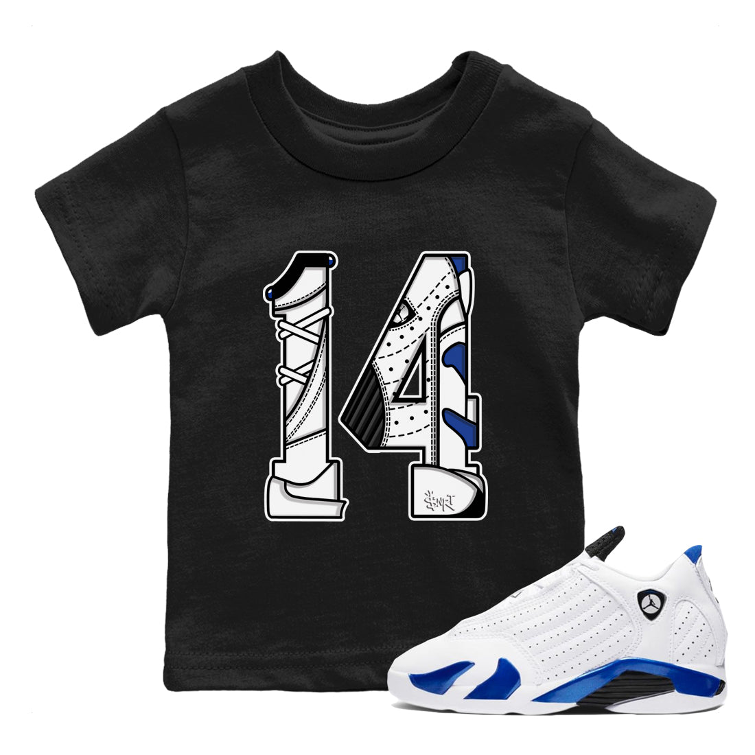 14s Hyper Royal t shirts to match sneakers Number 14 sneaker match tees Air Jordan 14 Hyper Royal shirt SNRT Sneaker Tees Youth Baby Black 1 tee