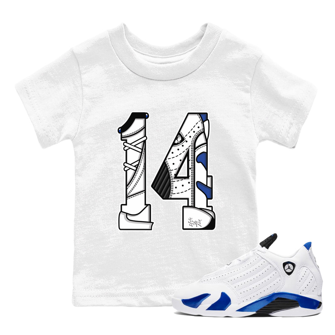 14s Hyper Royal t shirts to match sneakers Number 14 sneaker match tees Air Jordan 14 Hyper Royal shirt SNRT Sneaker Tees Youth Baby White 1 tee