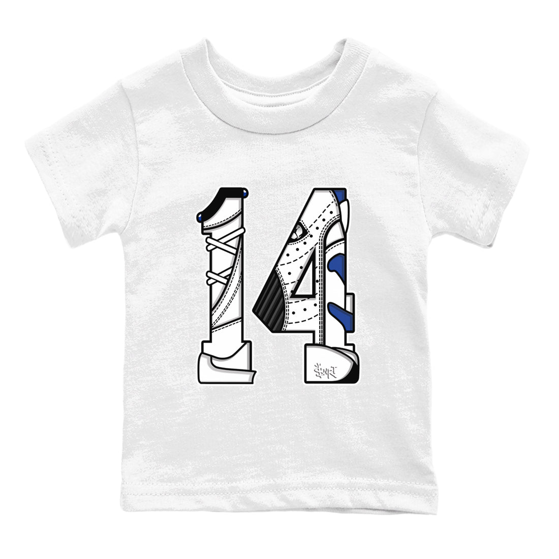 14s Hyper Royal t shirts to match sneakers Number 14 sneaker match tees Air Jordan 14 Hyper Royal shirt SNRT Sneaker Tees Youth Baby White 2 tee