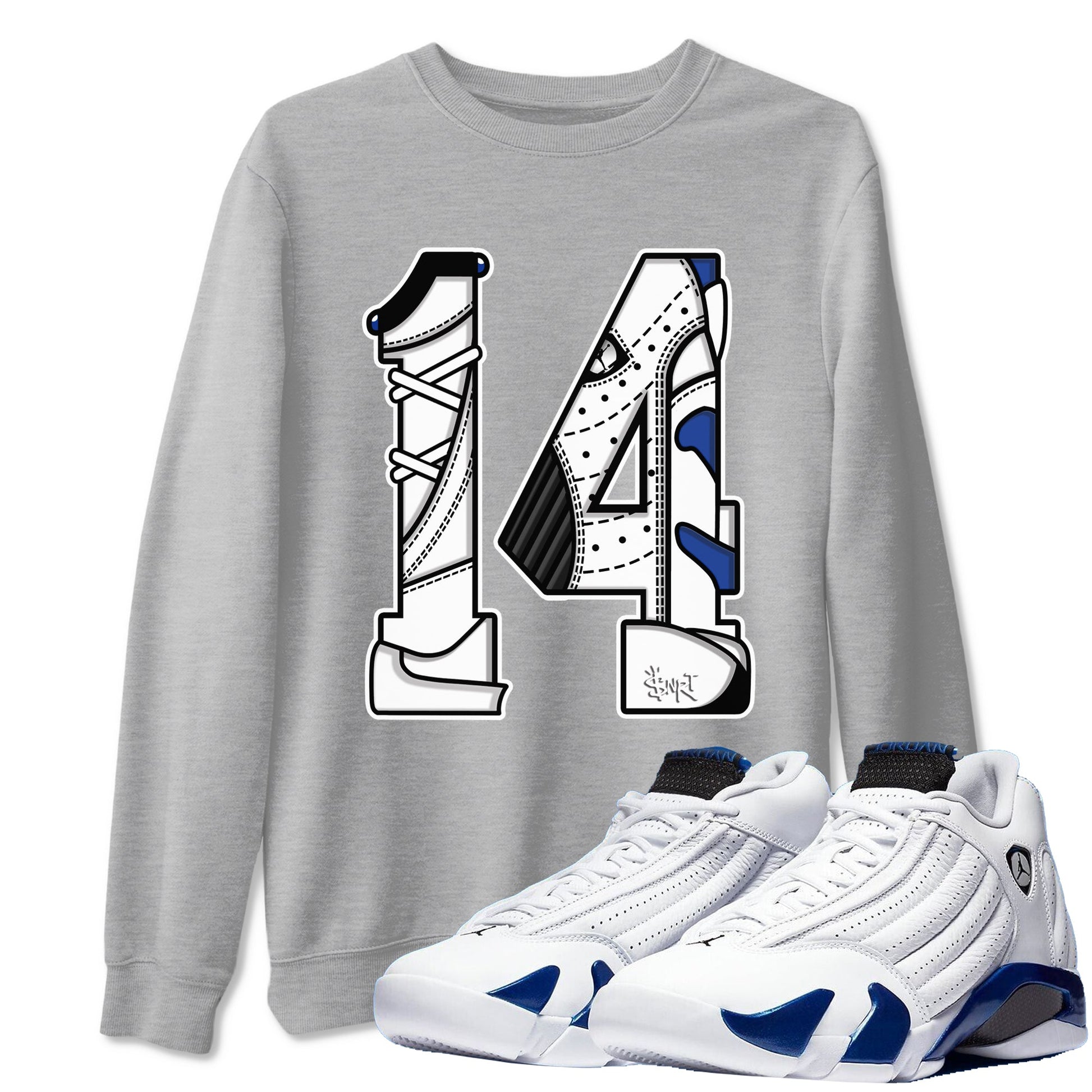 14s Hyper Royal t shirts to match sneakers Number 14 sneaker match tees Air Jordan 14 Hyper Royal shirt SNRT Sneaker Tees unisex cotton Heather Grey 1 shirts