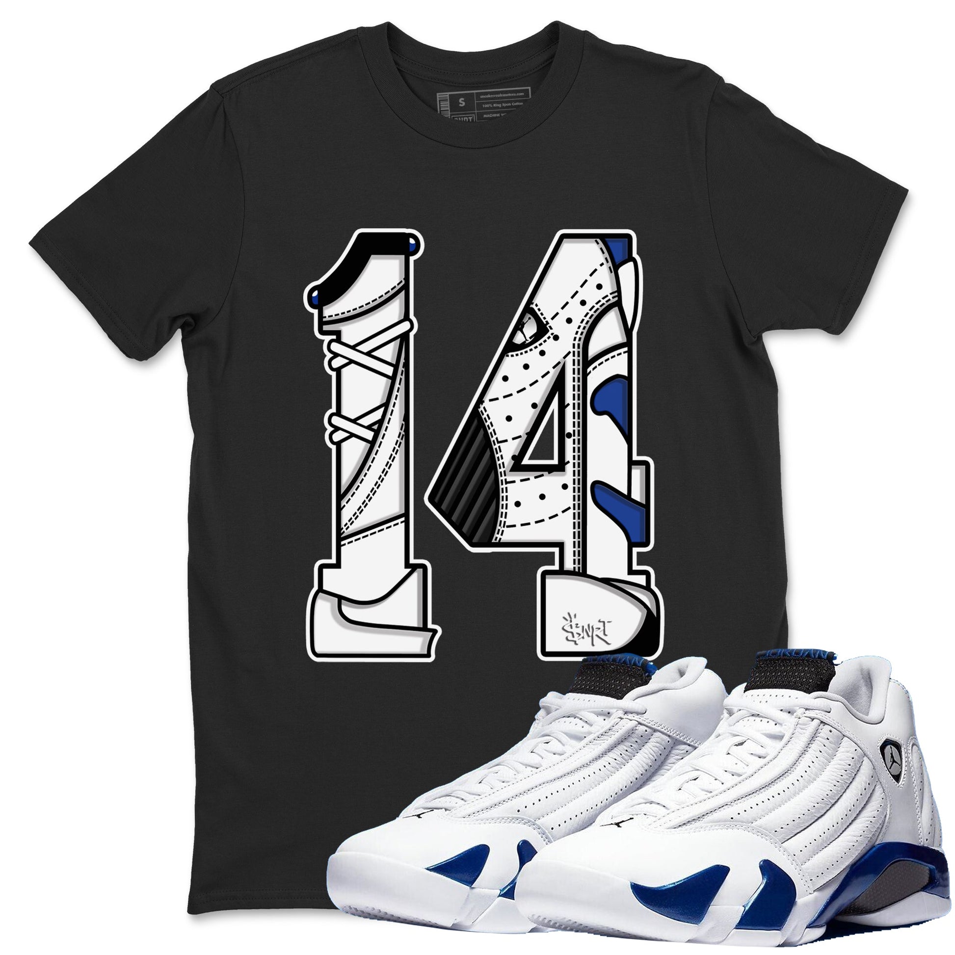 14s Hyper Royal t shirts to match sneakers Number 14 sneaker match tees Air Jordan 14 Hyper Royal shirt SNRT Sneaker Tees unisex cotton Black 1 shirts