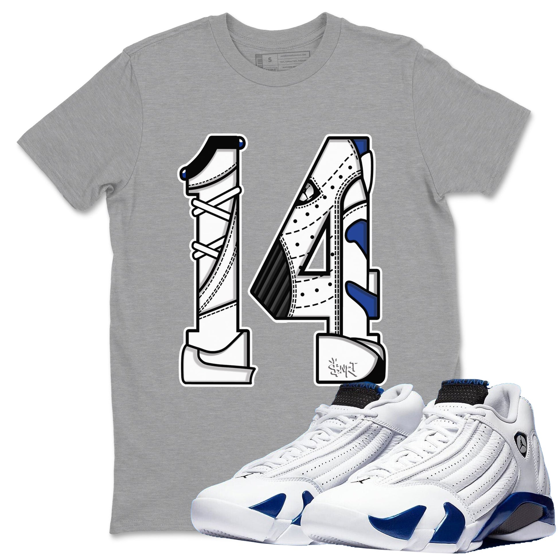 14s Hyper Royal t shirts to match sneakers Number 14 sneaker match tees Air Jordan 14 Hyper Royal shirt SNRT Sneaker Tees unisex cotton Heather Grey 1 shirts