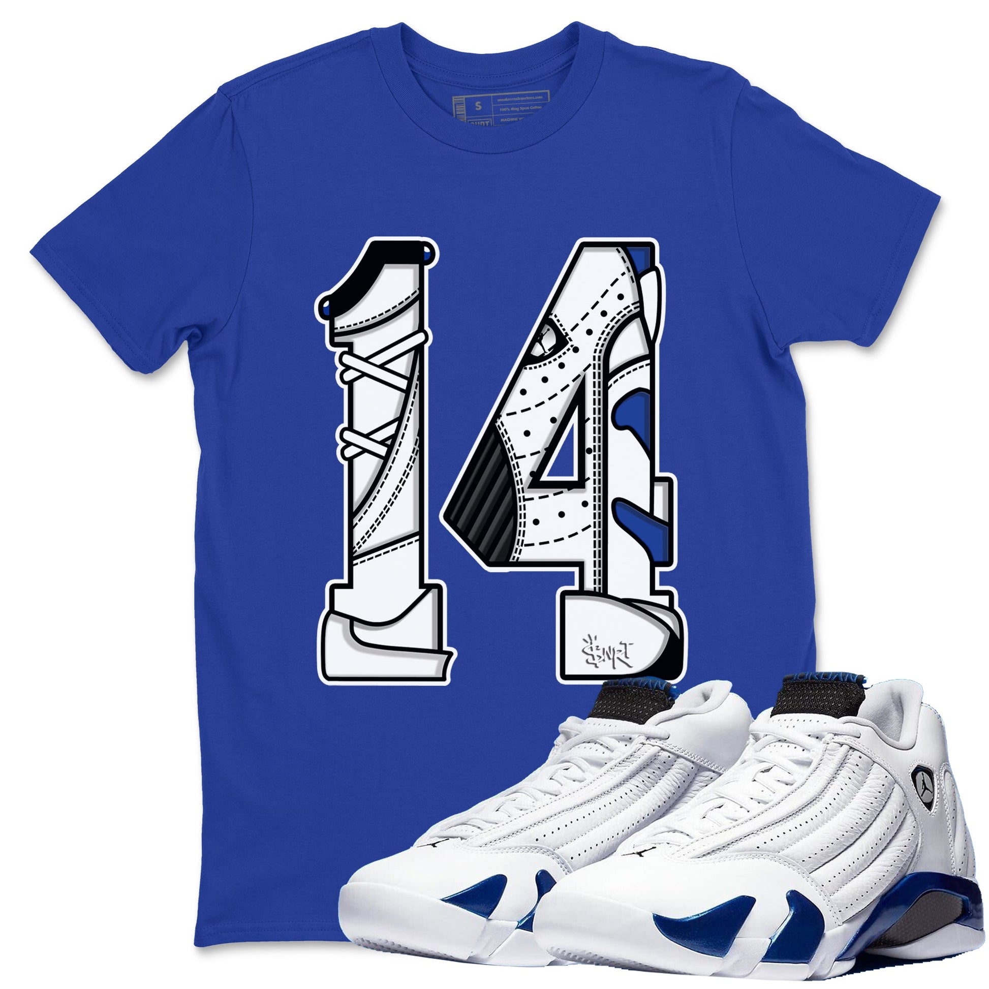 14s Hyper Royal t shirts to match sneakers Number 14 sneaker match tees Air Jordan 14 Hyper Royal shirt SNRT Sneaker Tees unisex cotton Royal Blue 1 shirts