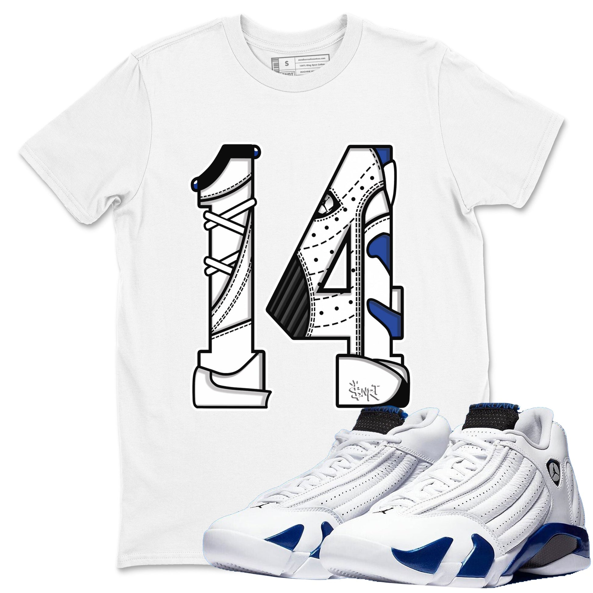 14s Hyper Royal t shirts to match sneakers Number 14 sneaker match tees Air Jordan 14 Hyper Royal shirt SNRT Sneaker Tees unisex cotton White 1 shirts