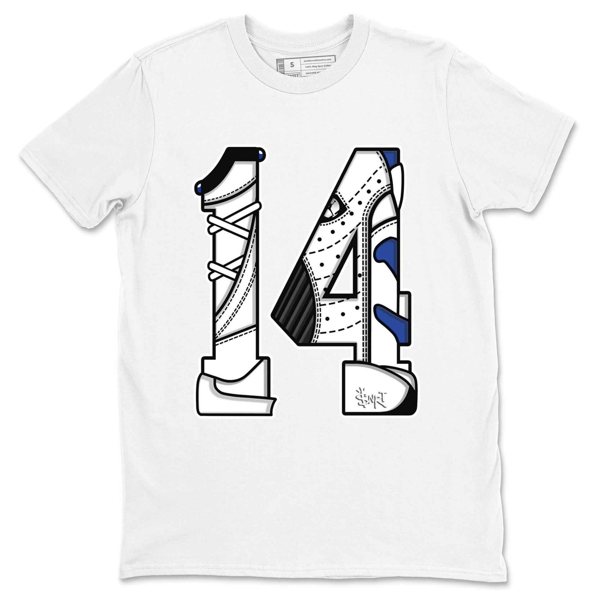14s Hyper Royal t shirts to match sneakers Number 14 sneaker match tees Air Jordan 14 Hyper Royal shirt SNRT Sneaker Tees unisex cotton White 2 shirts