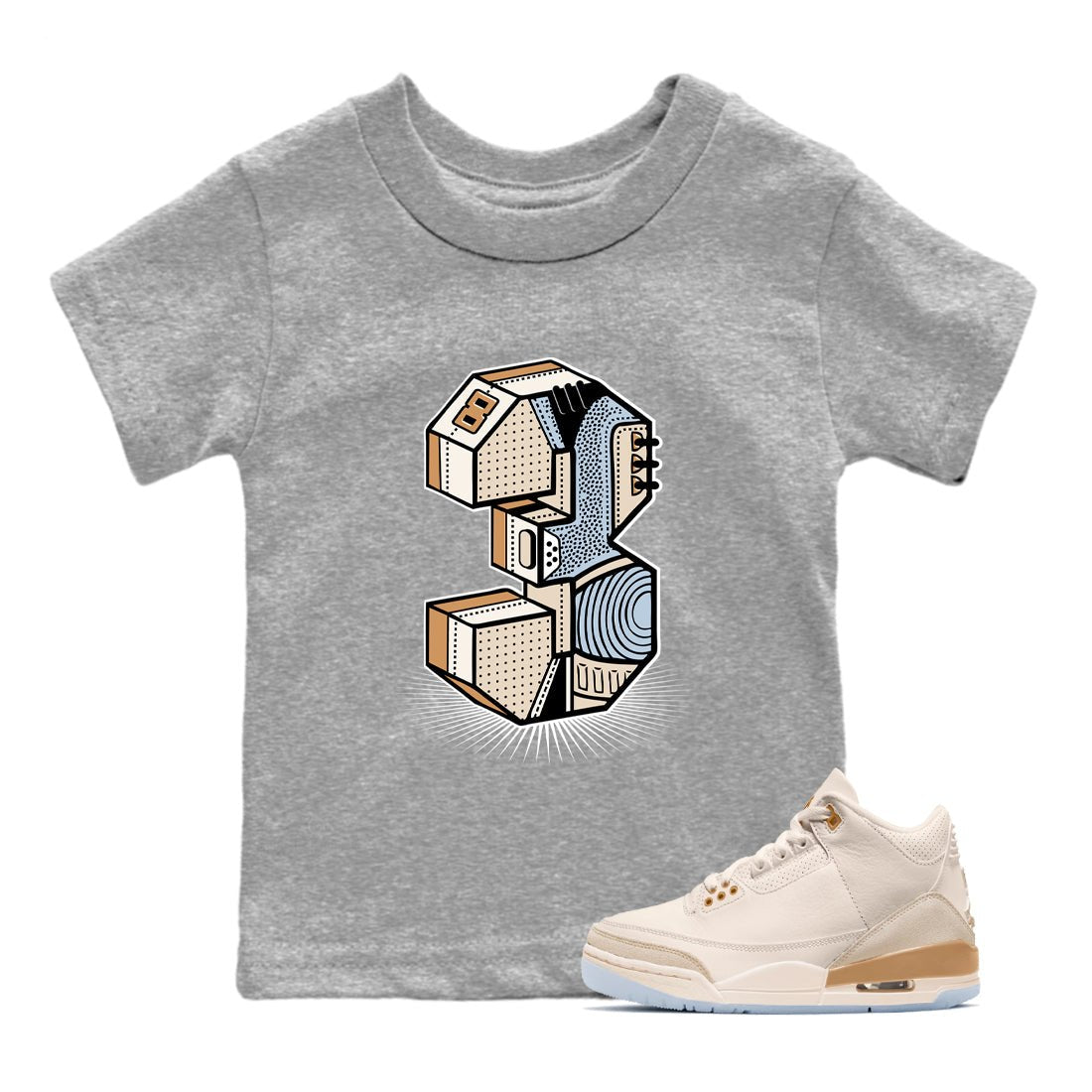 Sneaker match tees – Sneaker Tees To Match Air Jordan 3 Champagne and Oysters Shoes – Number Statue Kids T-Shirt Heather Grey 1