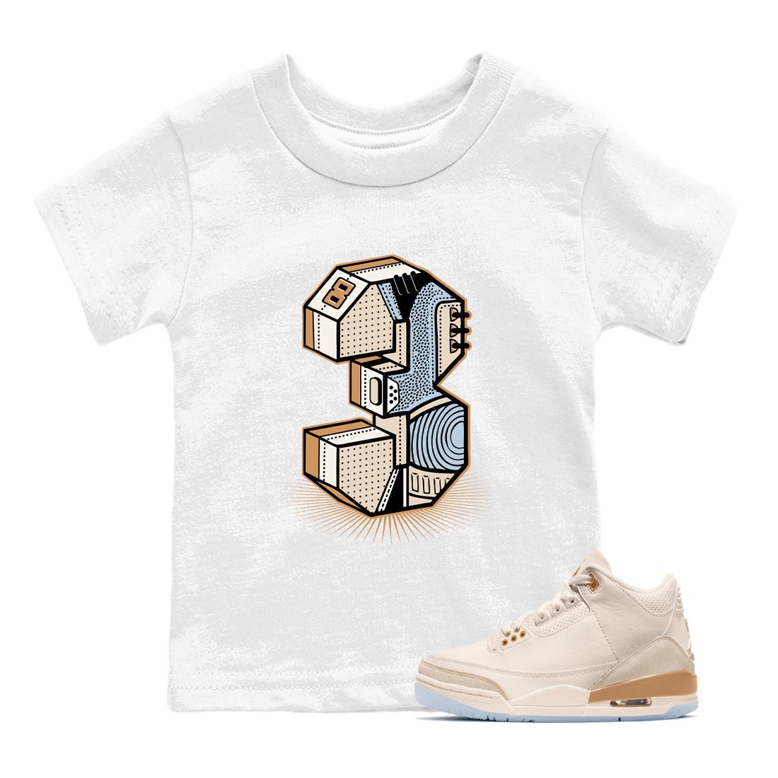 Sneaker match tees – Sneaker Tees To Match Air Jordan 3 Champagne and Oysters Shoes – Number Statue Kids T-Shirt White 1