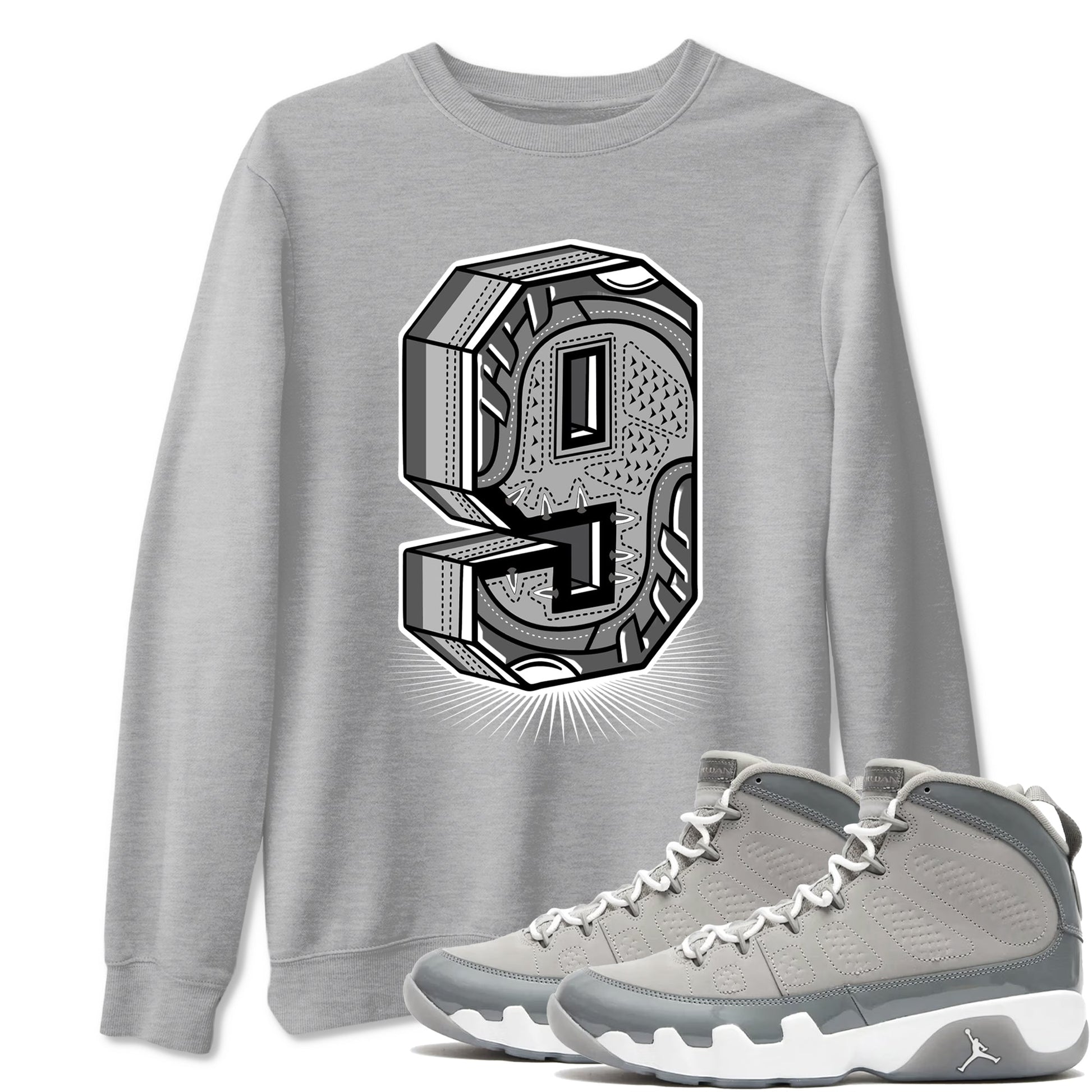 9s Cool Grey best t shirts to wear with jordans Number Statue sneaker match tees Air Jordan 9 Retro Cool Grey match shoes to clothes SNRT Sneaker Tees unisex cotton Heather Grey 1 shirts