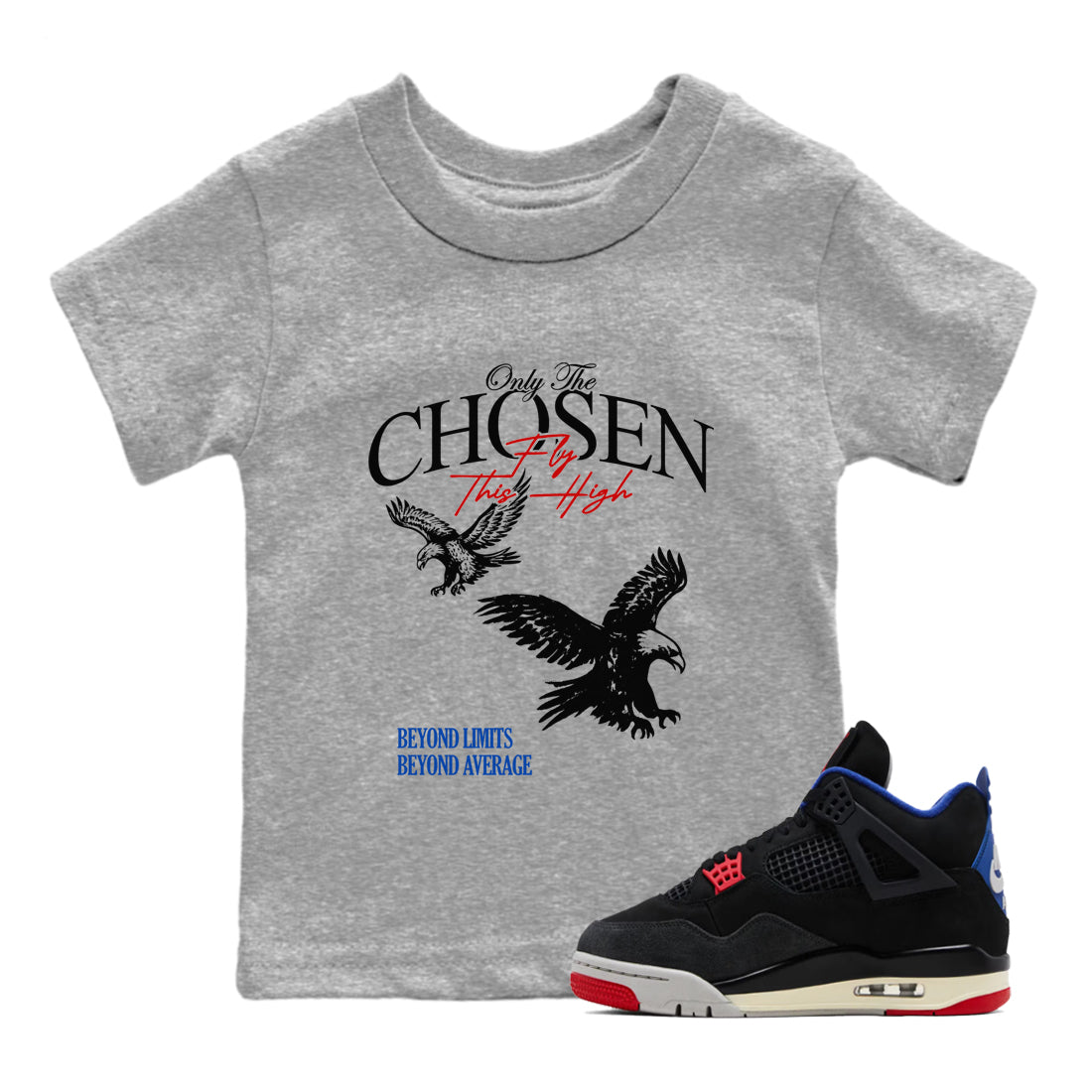 Sneaker match tees – Sneaker Tees To Match Jordan 4 Retro Rare Air Shoes – Only The Chosen Fly This High Kids T-Shirt Heather Grey 1