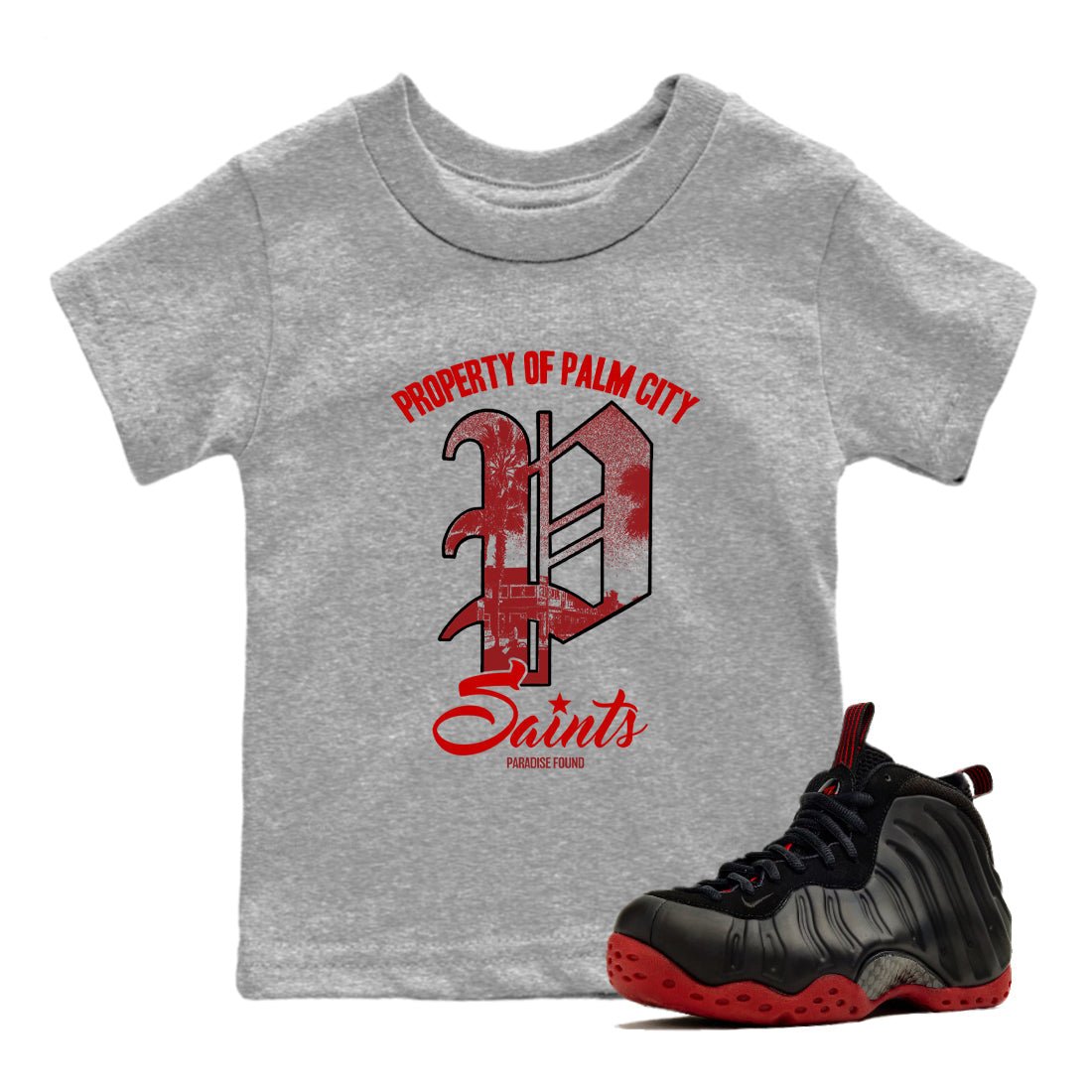 Sneaker match tees – Sneaker Tees To Match Air Foamposite Cough Drop Shoes – Paradise Found Kids T-Shirt Heather Grey 1