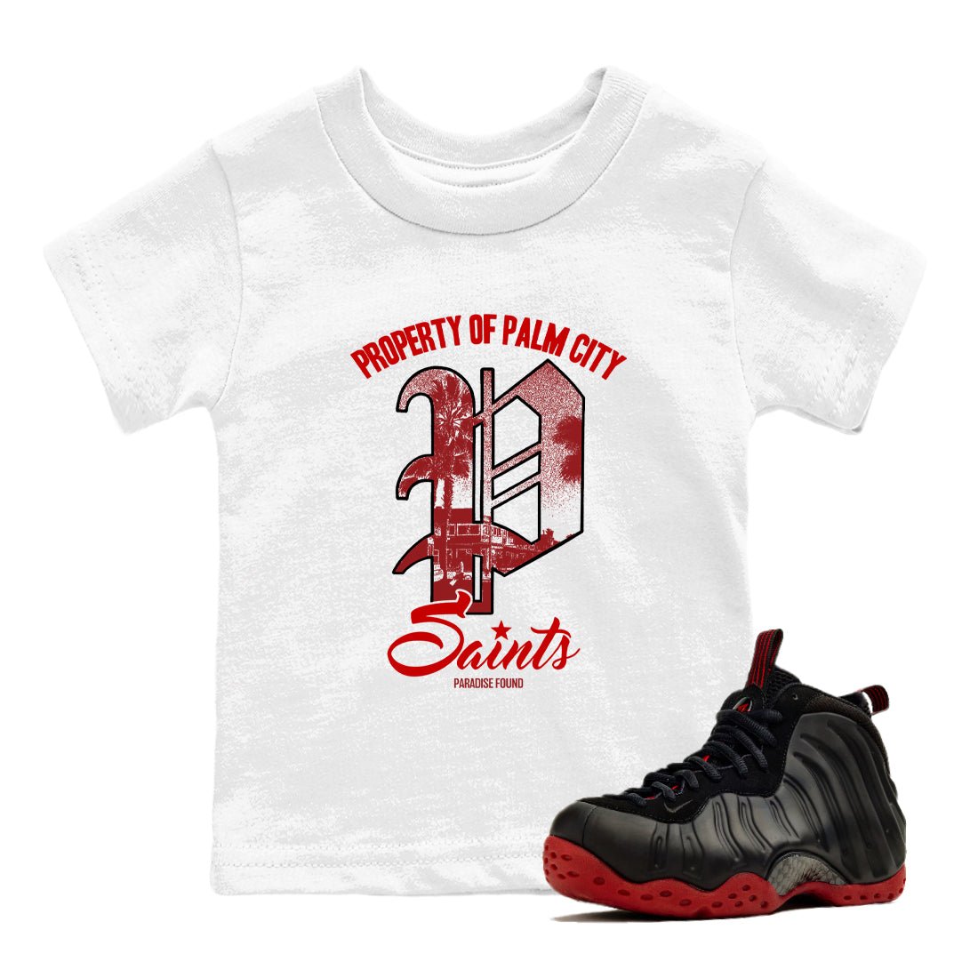 Sneaker match tees – Sneaker Tees To Match Air Foamposite Cough Drop Shoes – Paradise Found Kids T-Shirt White 1