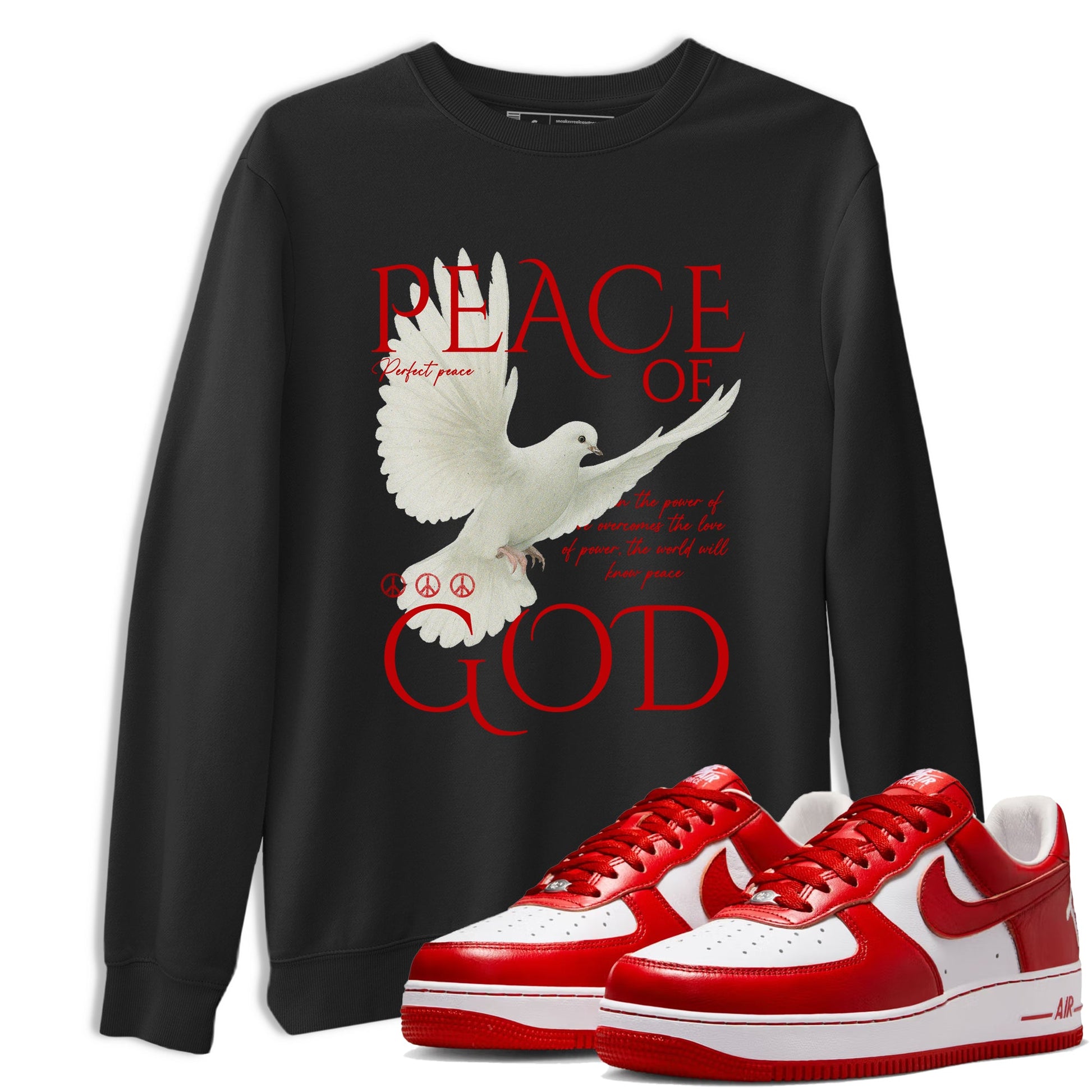 Peace of God sneaker match t-shirt styled to complete your fit with the Air Force 1 University Red sneakers, shown in Black 1.