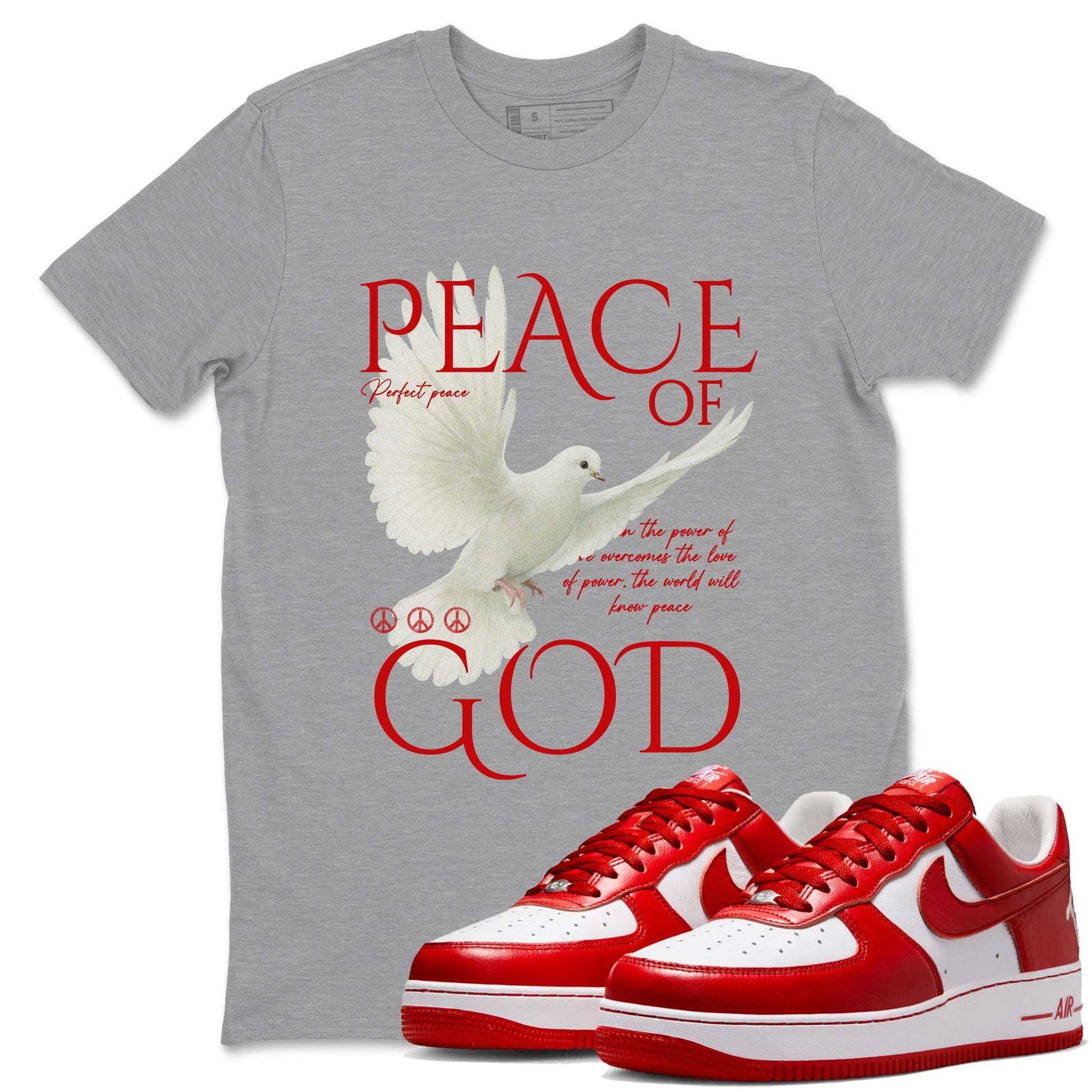 Peace of God sneaker match t-shirt styled to complete your fit with the Air Force 1 University Red sneakers, shown in Heather Grey 1.