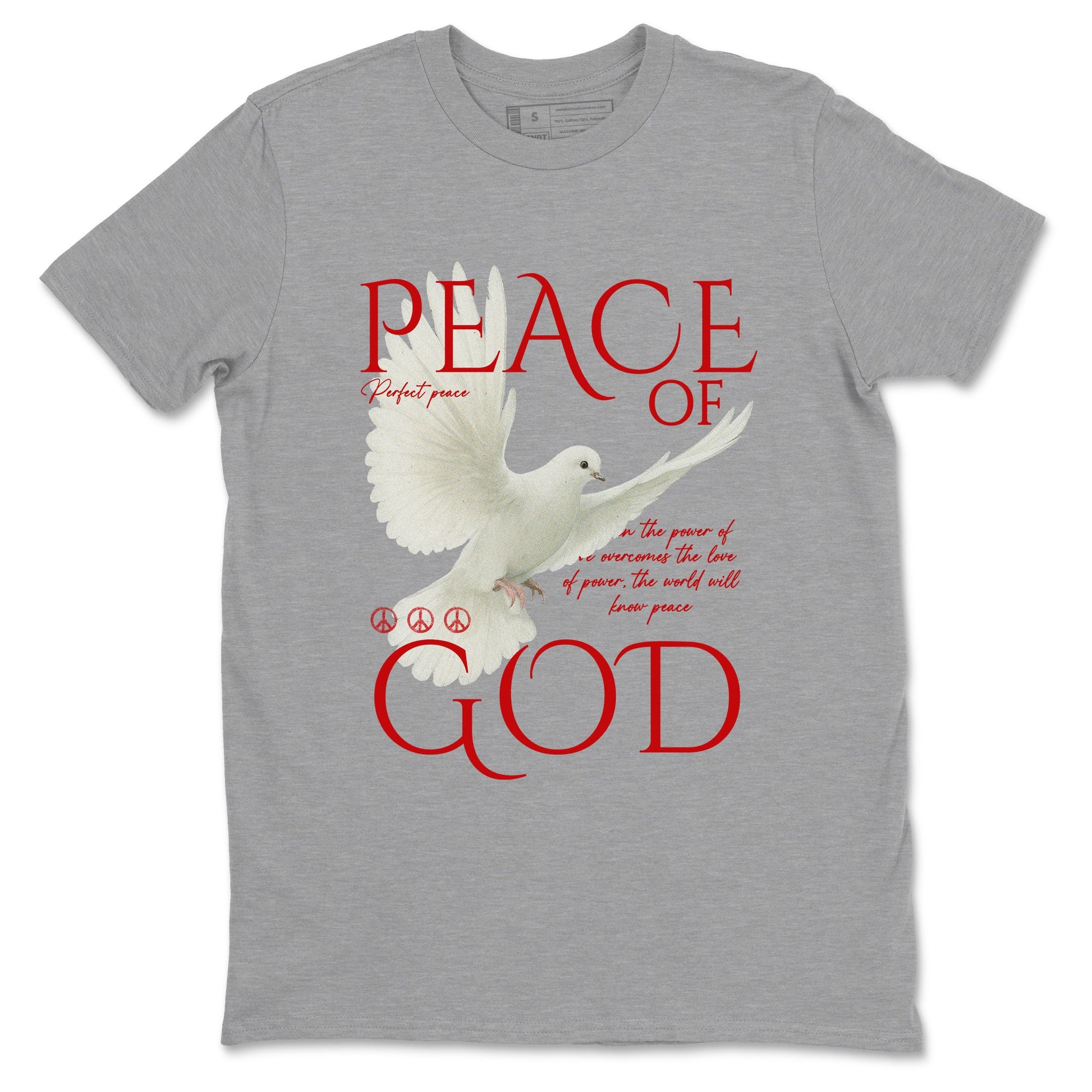 Peace of God sneaker match t-shirt styled to complete your fit with the Air Force 1 University Red sneakers, shown in Heather Grey 2.