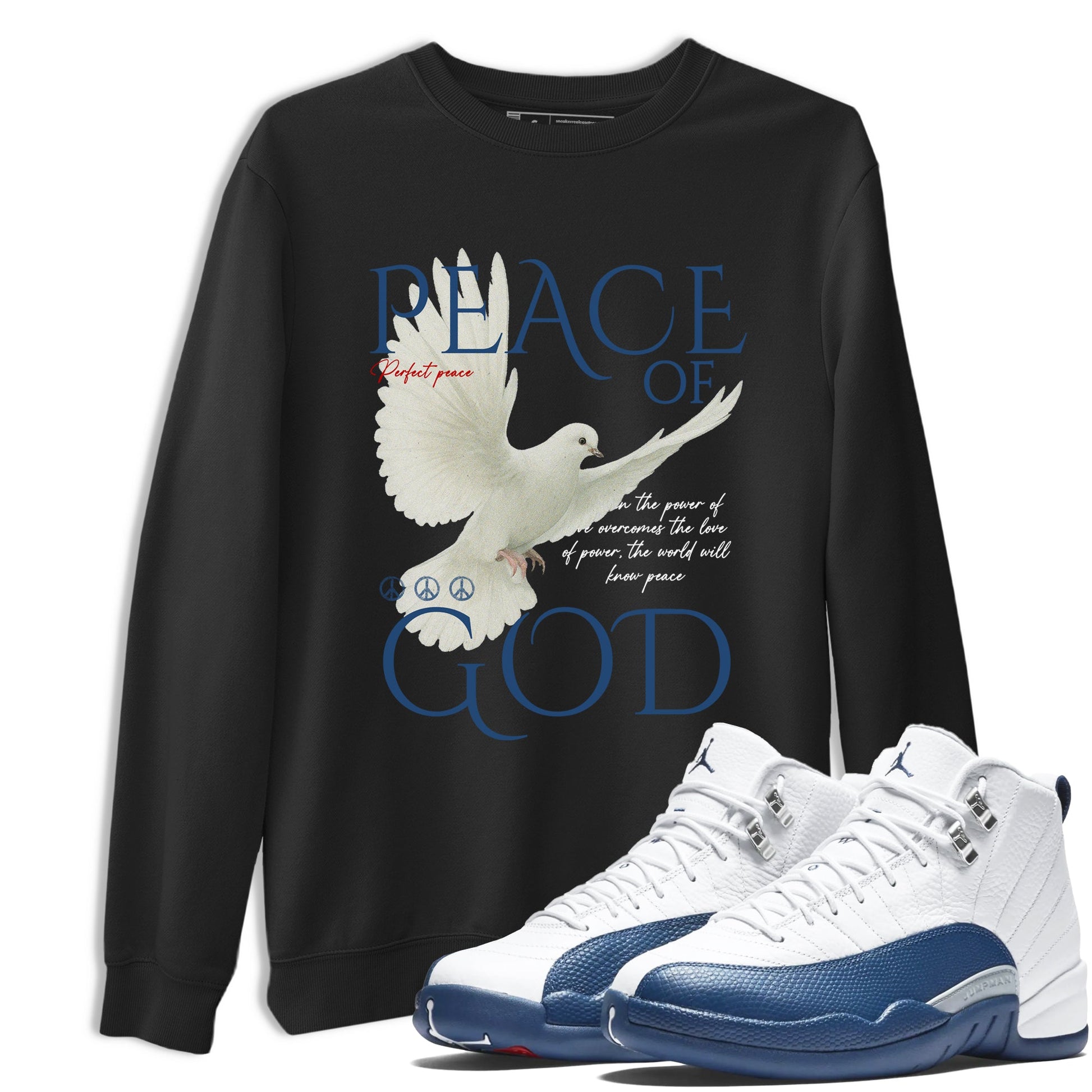 Peace of God sneaker match t-shirt styled to complete your fit with the Air Jordan 12 French Blue sneakers, shown in Black 1.