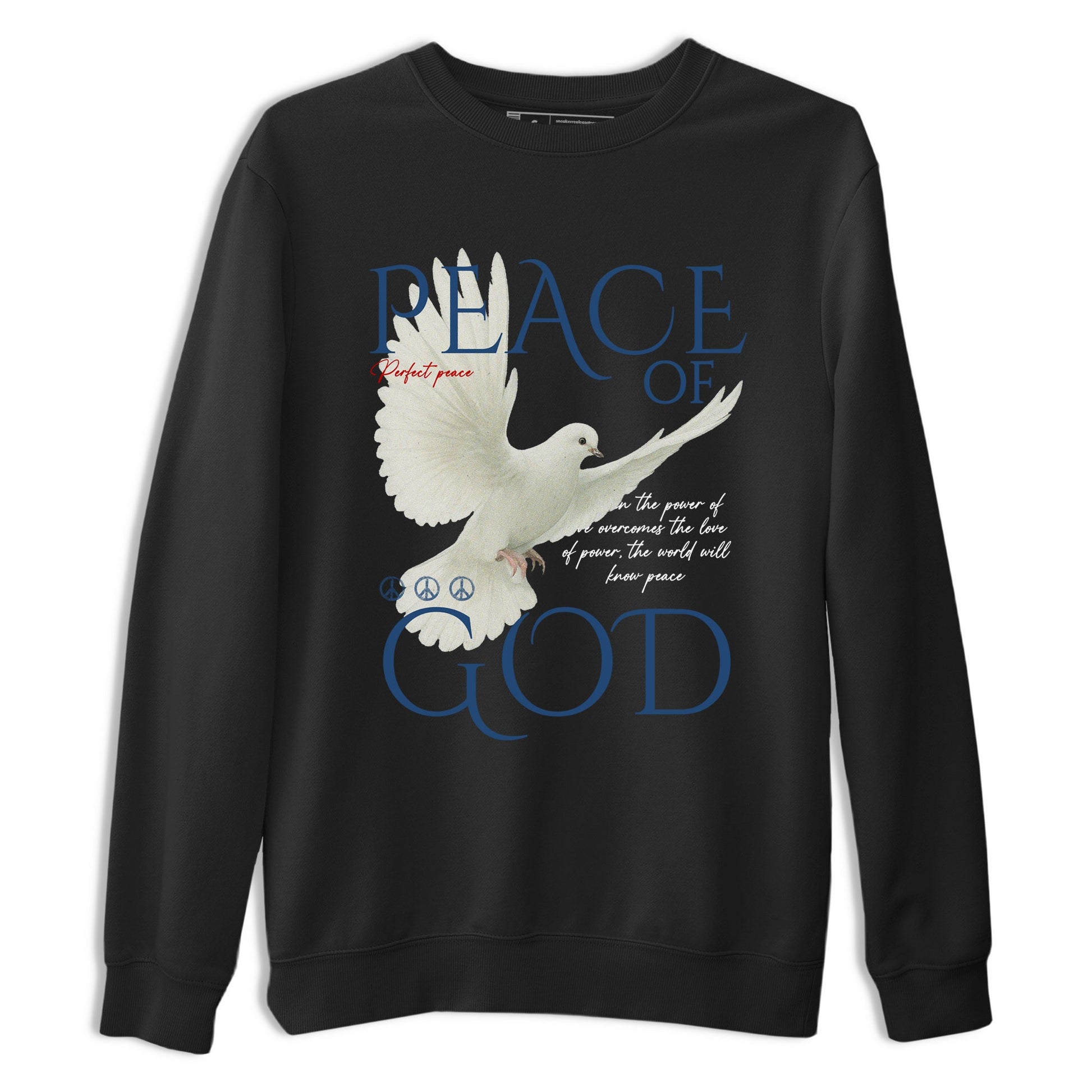 Peace of God sneaker match t-shirt styled to complete your fit with the Air Jordan 12 French Blue sneakers, shown in Black 2.