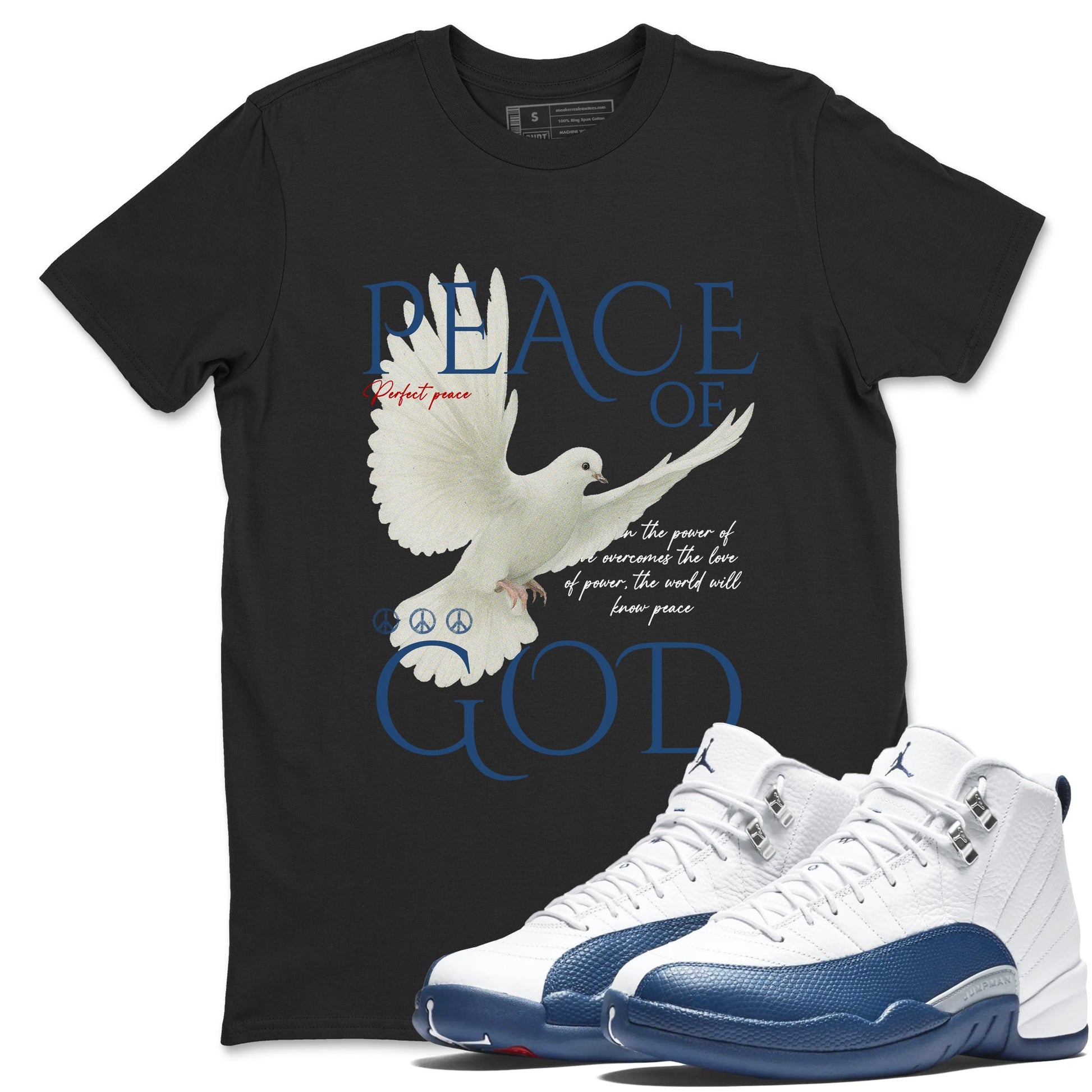 Peace of God sneaker match t-shirt styled to complete your fit with the Air Jordan 12 French Blue sneakers, shown in Black 1.
