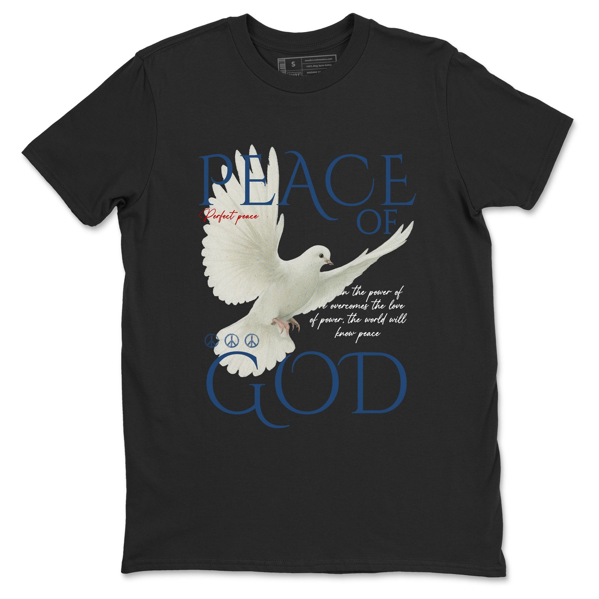 Peace of God sneaker match t-shirt styled to complete your fit with the Air Jordan 12 French Blue sneakers, shown in Black 2.