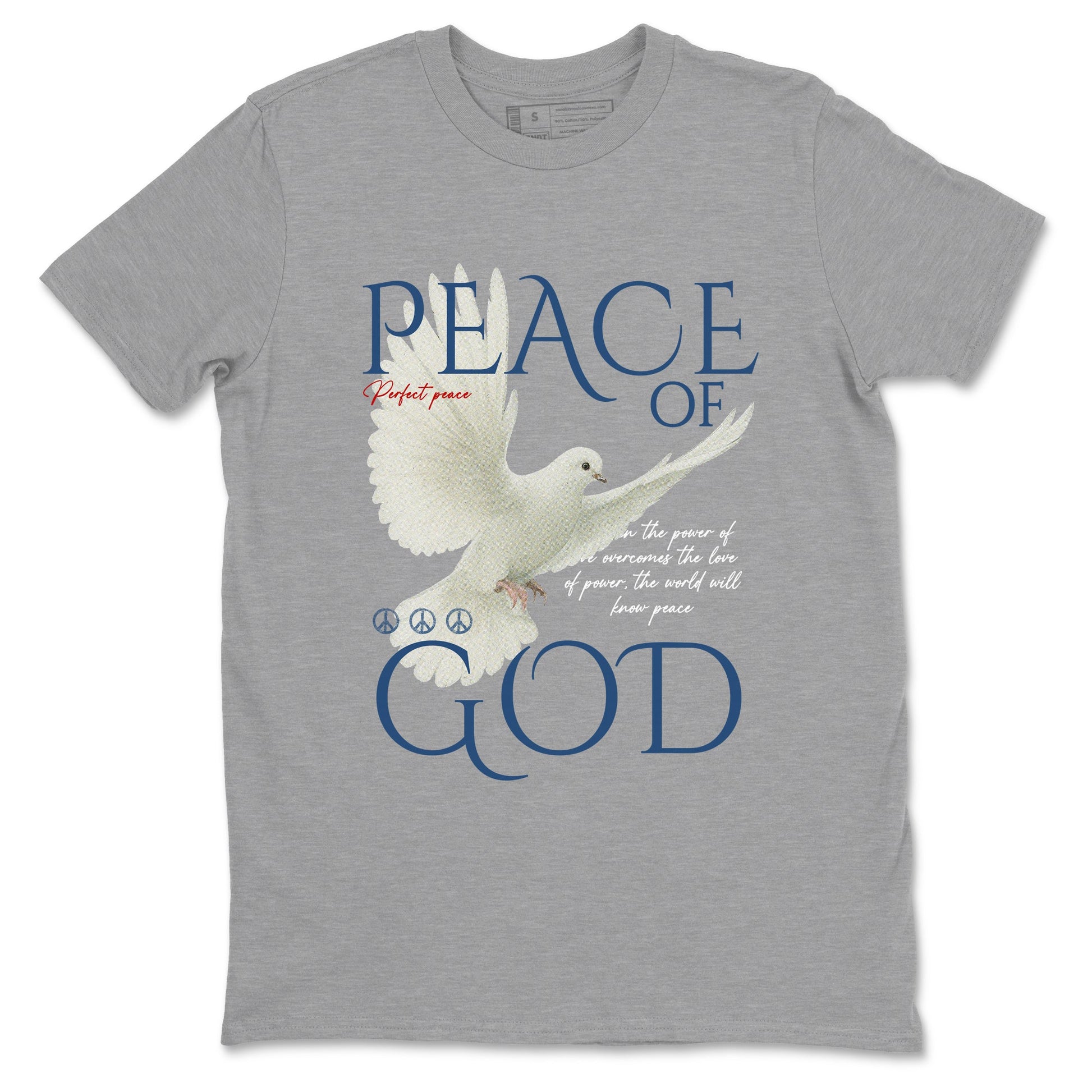 Peace of God sneaker match t-shirt styled to complete your fit with the Air Jordan 12 French Blue sneakers, shown in Heather Grey 2.
