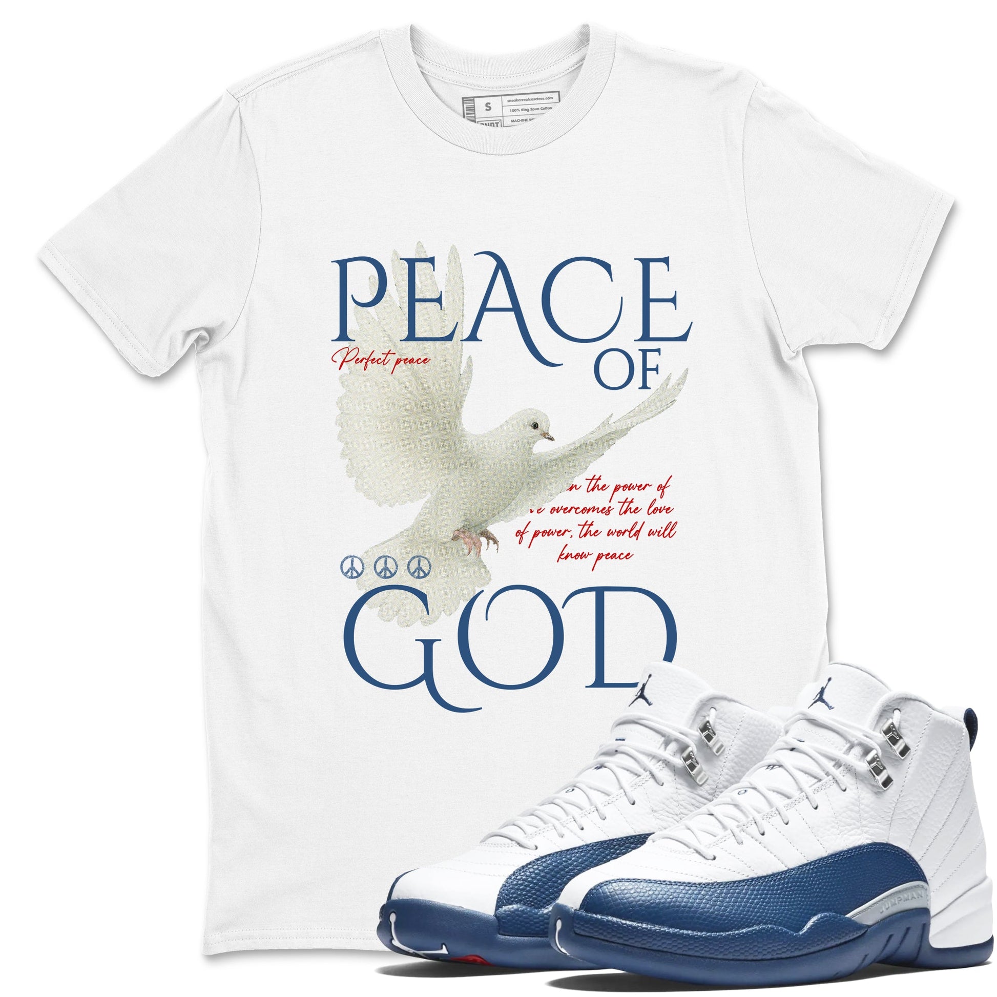 Peace of God sneaker match t-shirt styled to complete your fit with the Air Jordan 12 French Blue sneakers, shown in White 1.