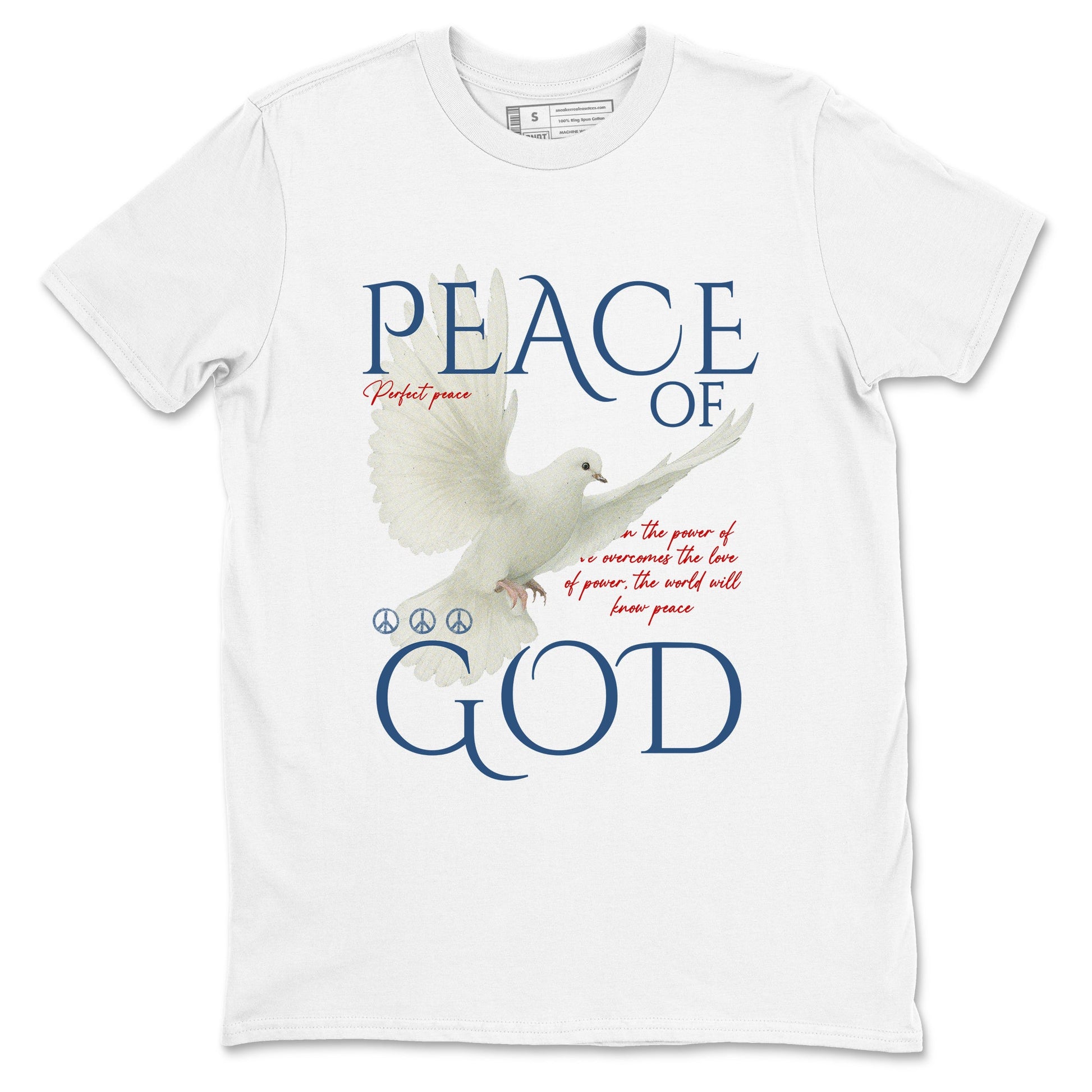 Peace of God sneaker match t-shirt styled to complete your fit with the Air Jordan 12 French Blue sneakers, shown in White 2.
