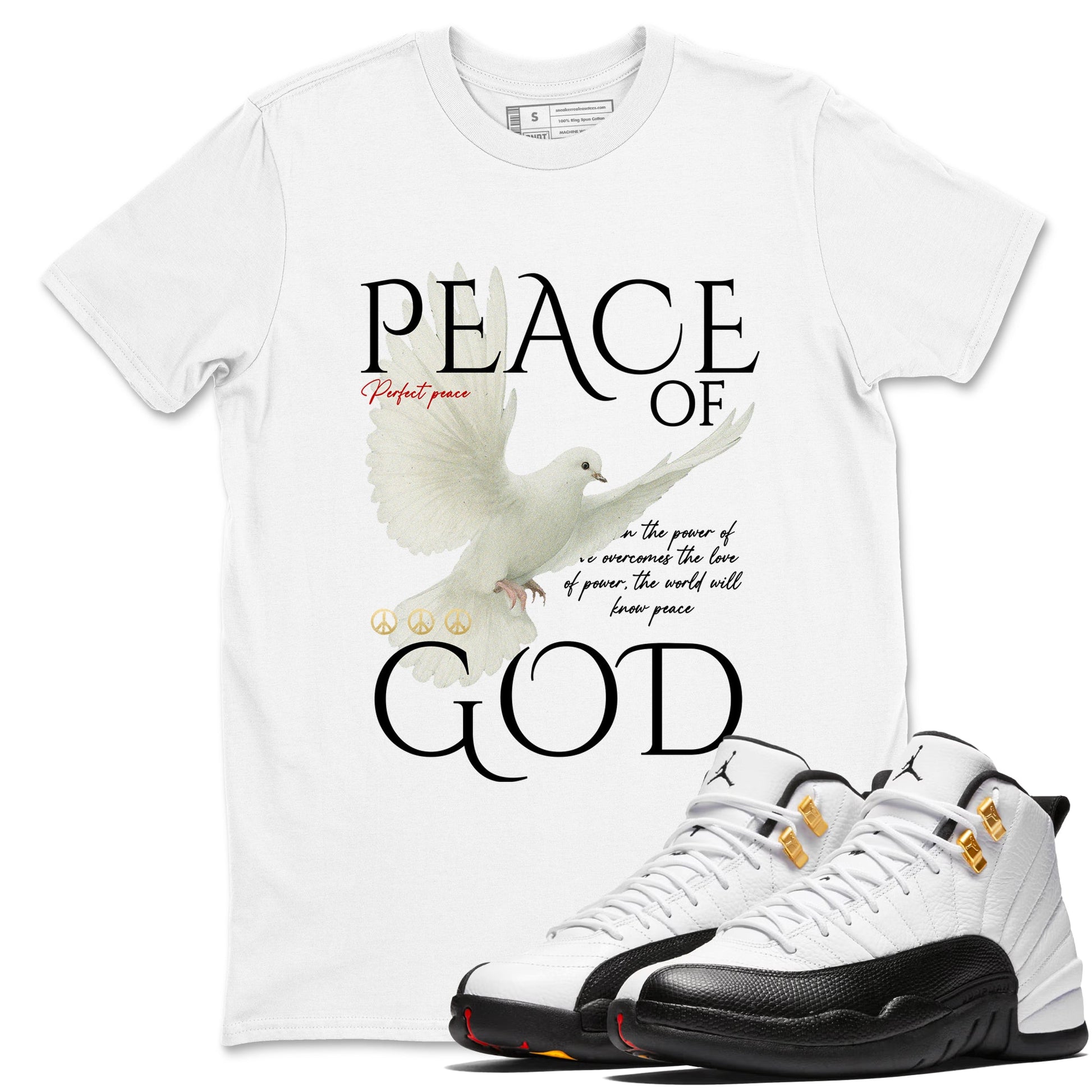 Sneaker match tees – Sneaker Tees To Match Air Jordan 12 Taxi Shoes – Peace of God Tee White 1