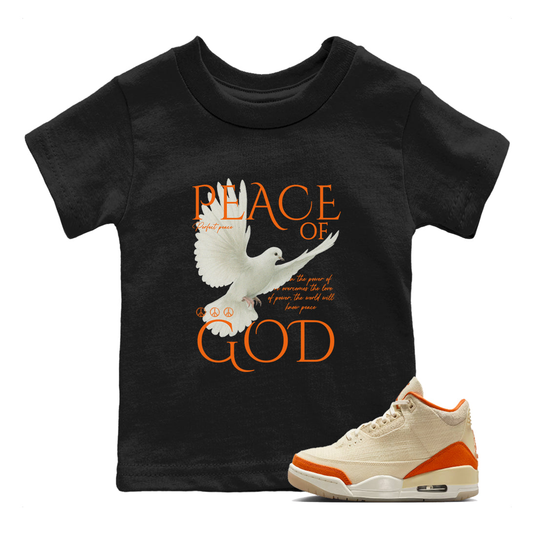 Peace of God baby and kids t-shirt crafted for little sneakerheads to shine with the Air Jordan 3 Starfish sneakers, displayed in Black 1.