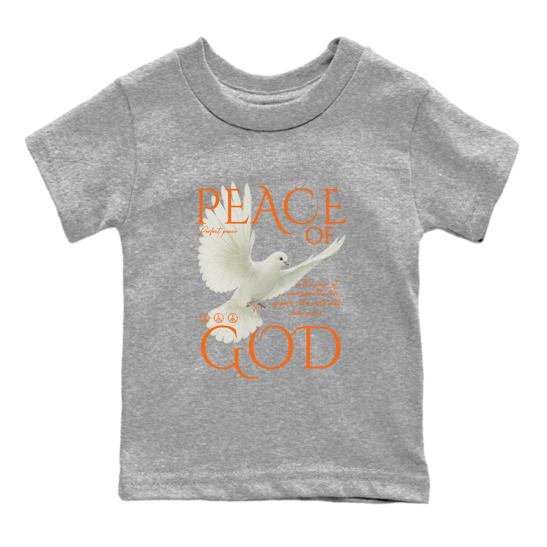 Peace of God baby and kids t-shirt crafted for little sneakerheads to shine with the Air Jordan 3 Starfish sneakers, displayed in Heather Grey 2.