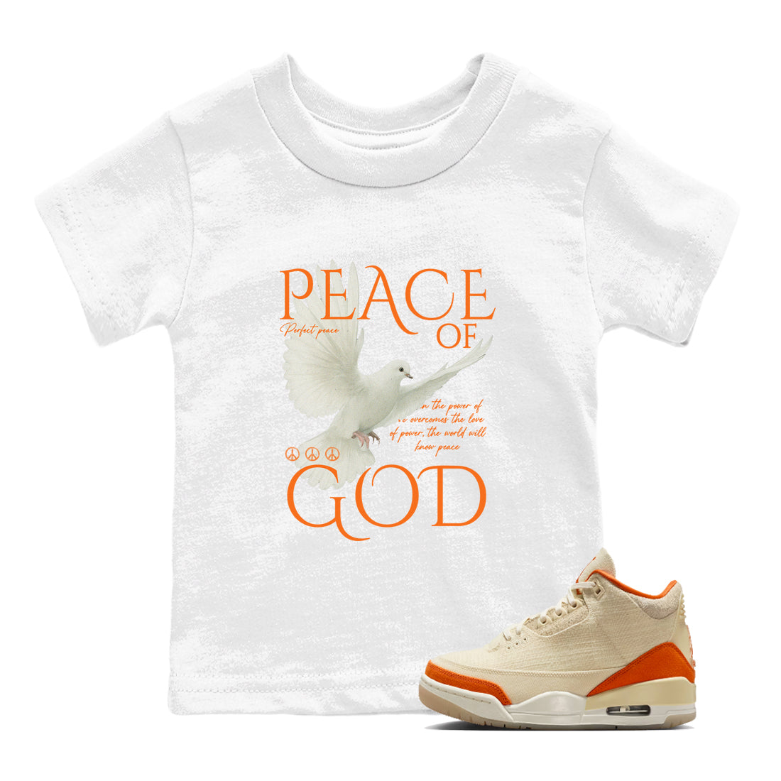Peace of God baby and kids t-shirt crafted for little sneakerheads to shine with the Air Jordan 3 Starfish sneakers, displayed in White 1.
