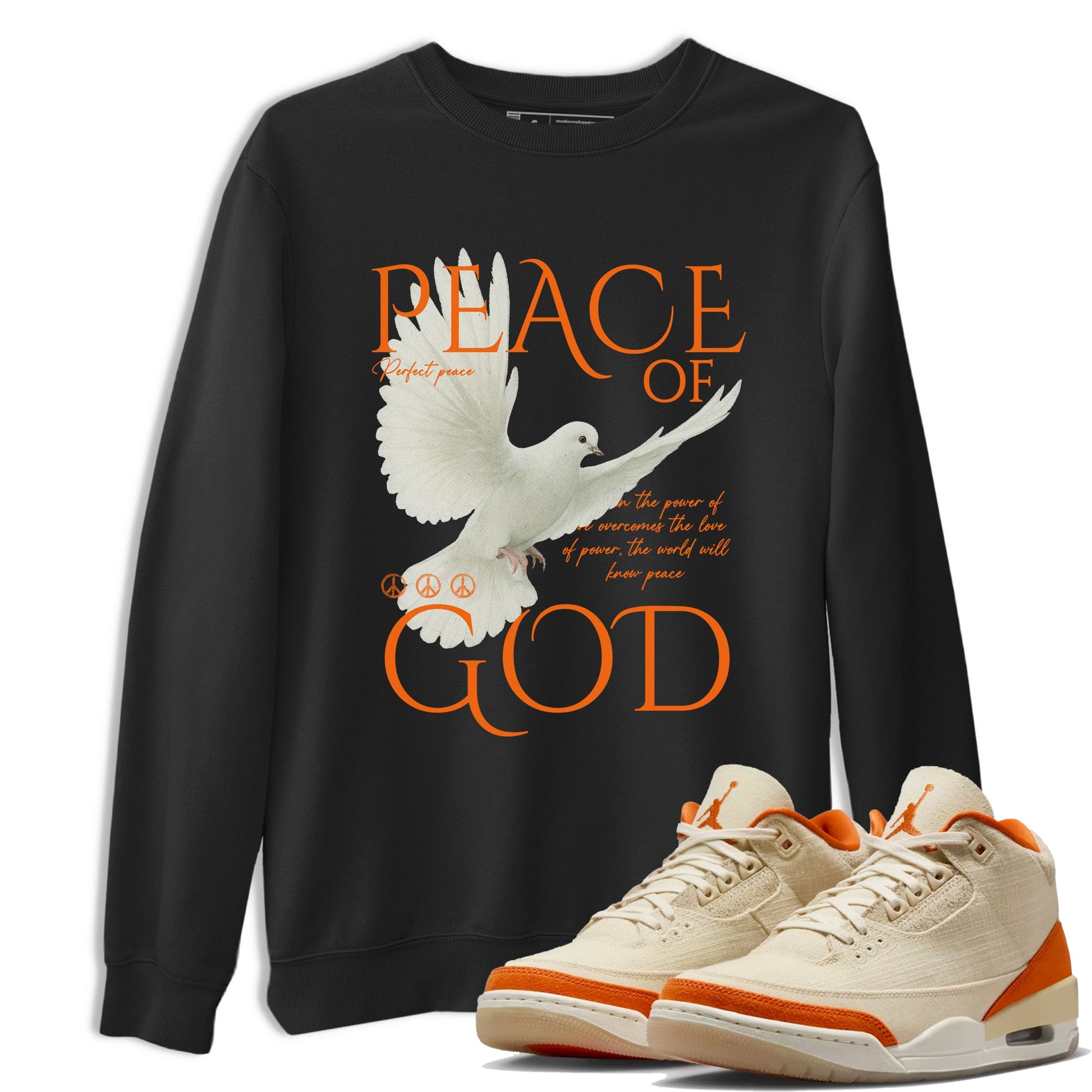 Peace of God sneaker match t-shirt styled to complete your fit with the Air Jordan 3 Starfish sneakers, shown in Black 1.