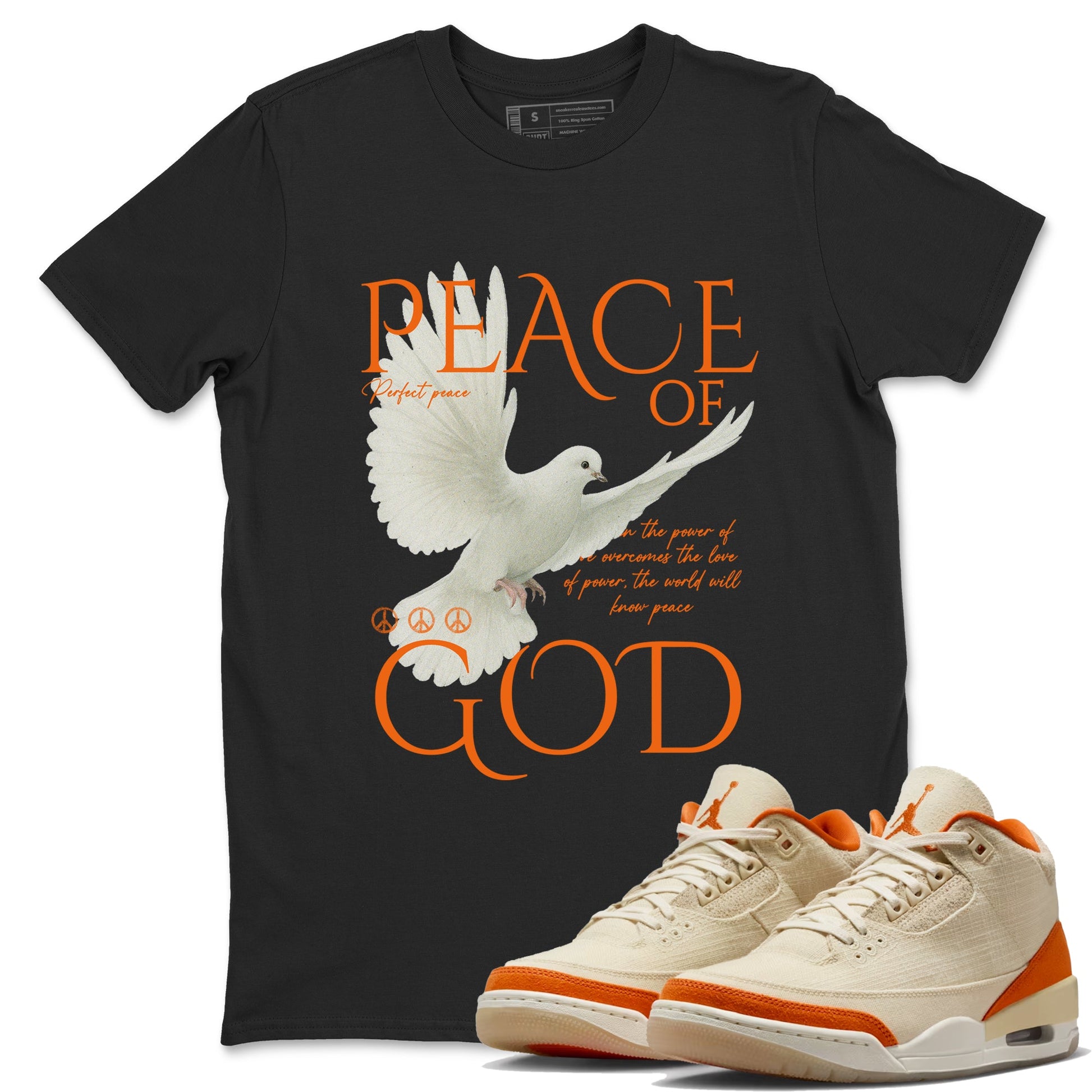 Peace of God sneaker match t-shirt styled to complete your fit with the Air Jordan 3 Starfish sneakers, shown in Black 1.