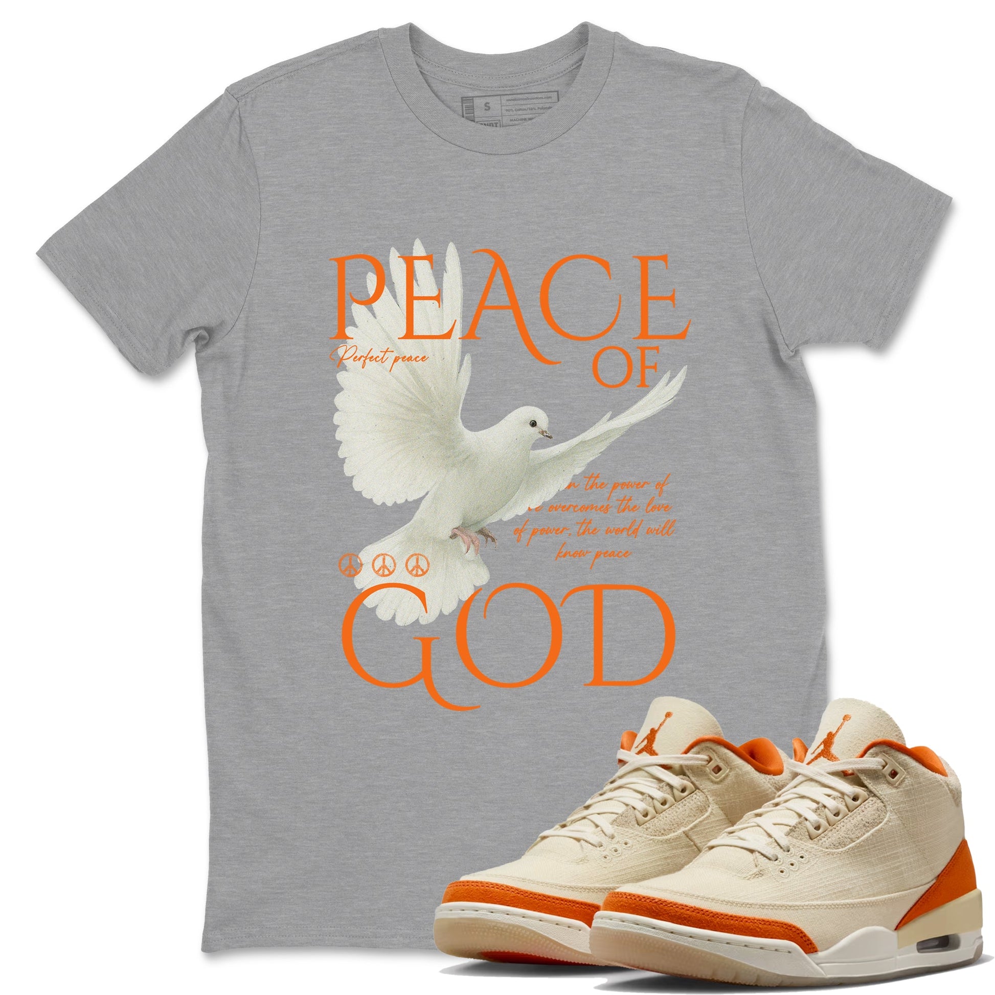 Peace of God sneaker match t-shirt styled to complete your fit with the Air Jordan 3 Starfish sneakers, shown in Heather Grey 1.