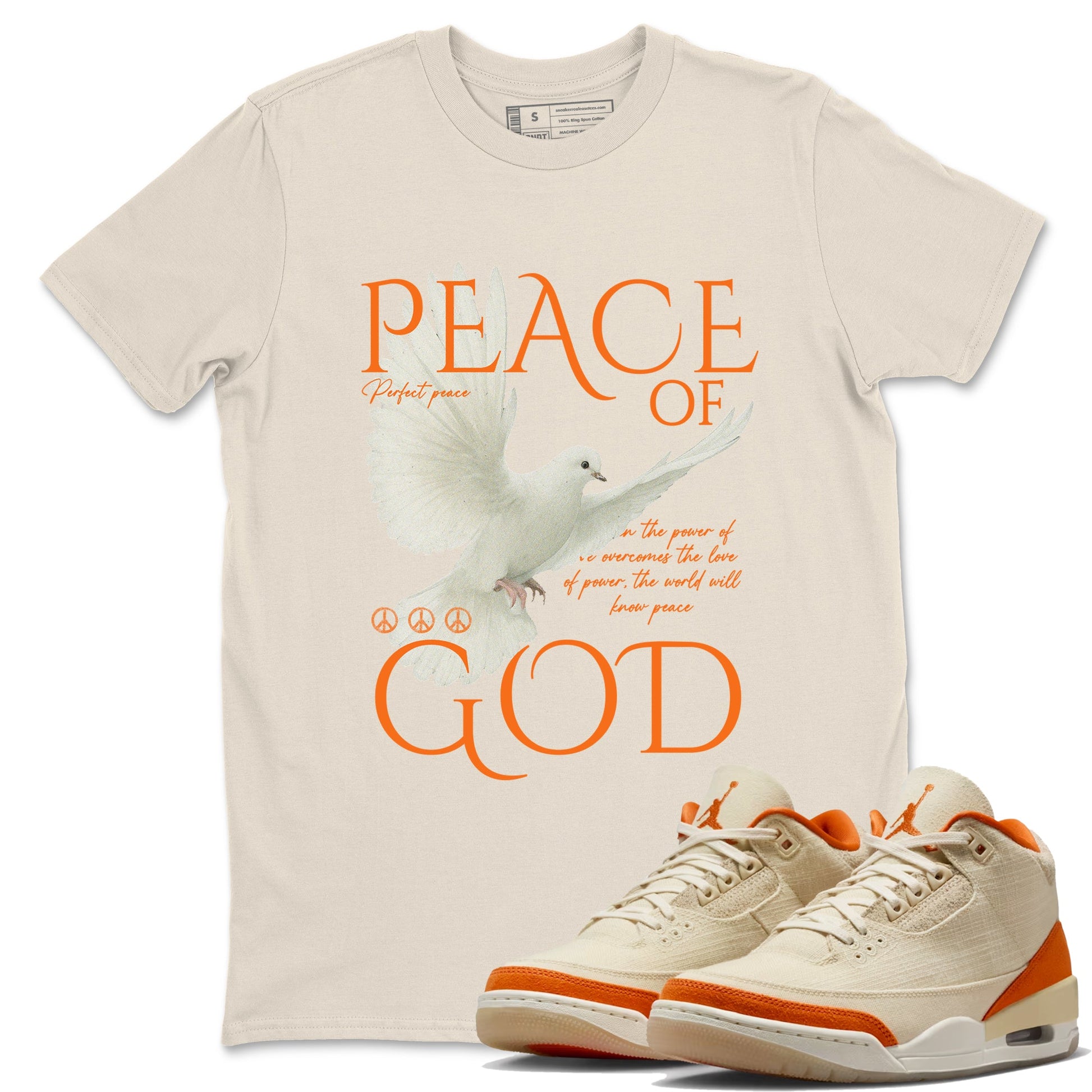 Peace of God sneaker match t-shirt styled to complete your fit with the Air Jordan 3 Starfish sneakers, shown in Natural 1.