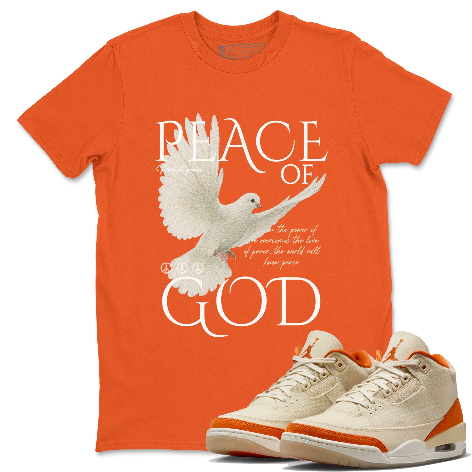 Peace of God sneaker match t-shirt styled to complete your fit with the Air Jordan 3 Starfish sneakers, shown in Orange 1.