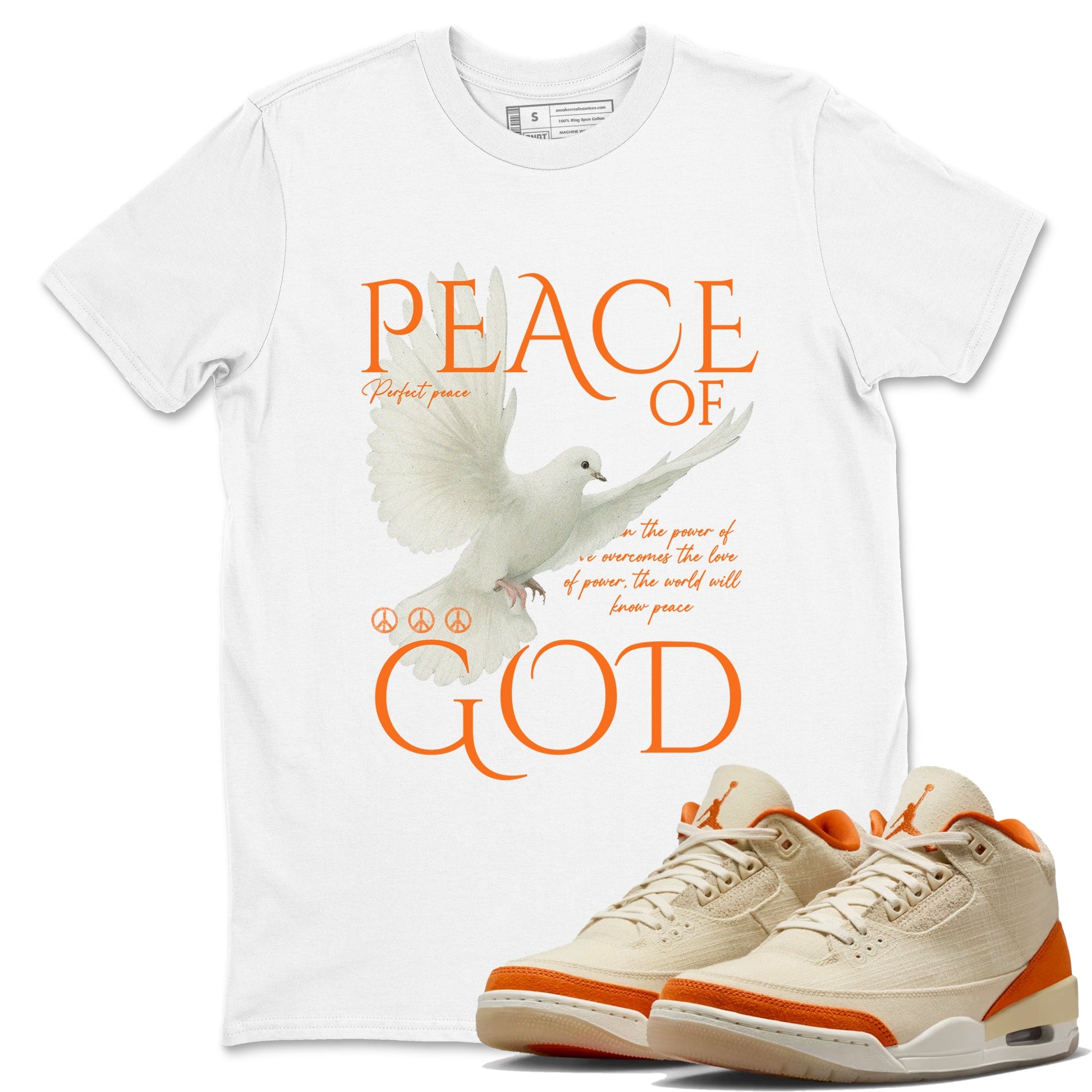 Peace of God sneaker match t-shirt styled to complete your fit with the Air Jordan 3 Starfish sneakers, shown in White 1.