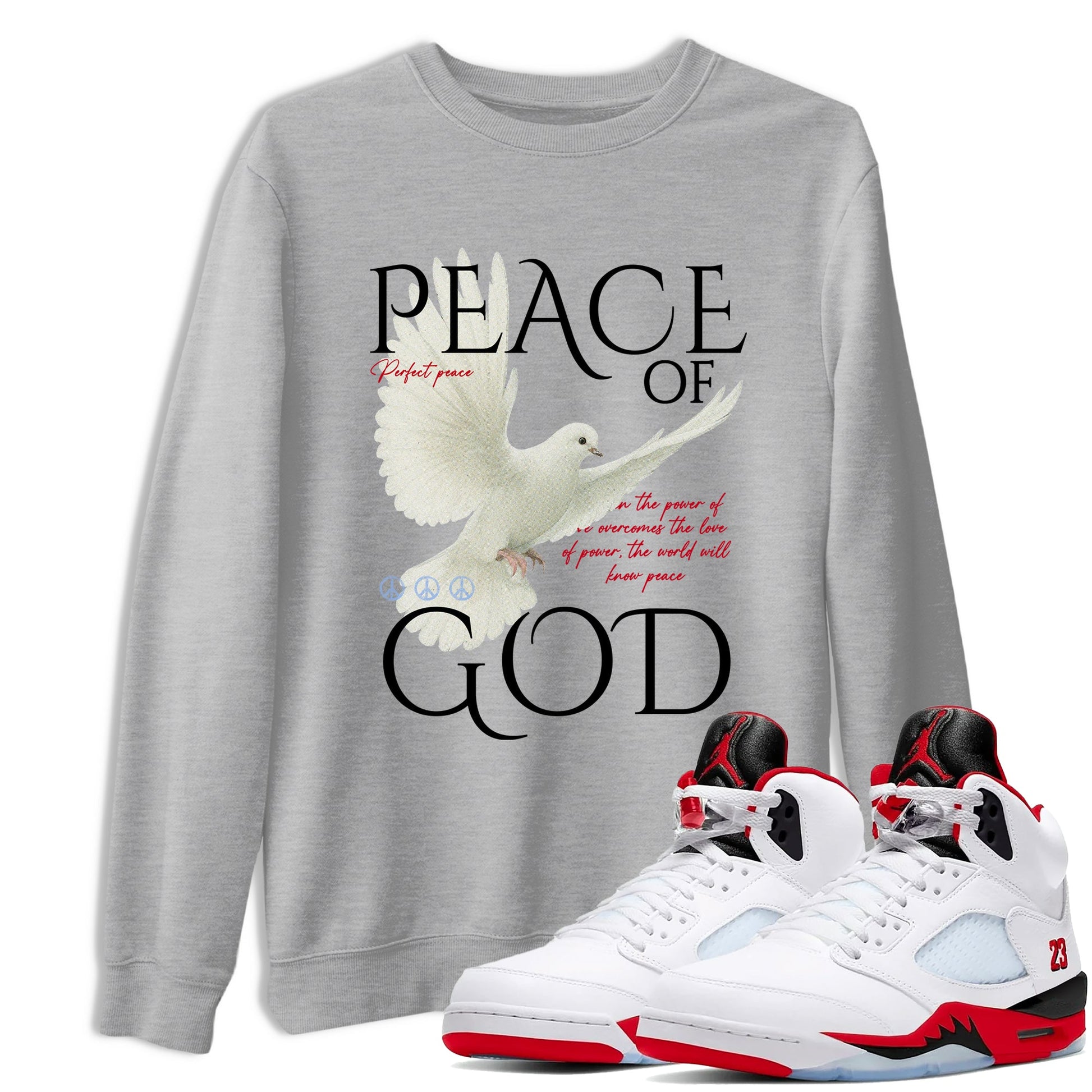 Sneaker match tees – Sneaker Tees To Match Air Jordan 5 Fire Red Shoes – Peace of God Tee Heather Grey 1